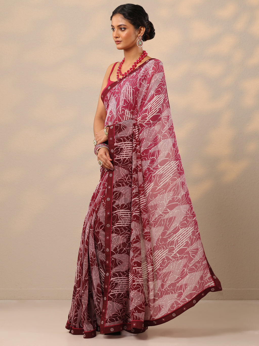 Maroon Printed Georgette Saree With Unstitched Blouse Piece
