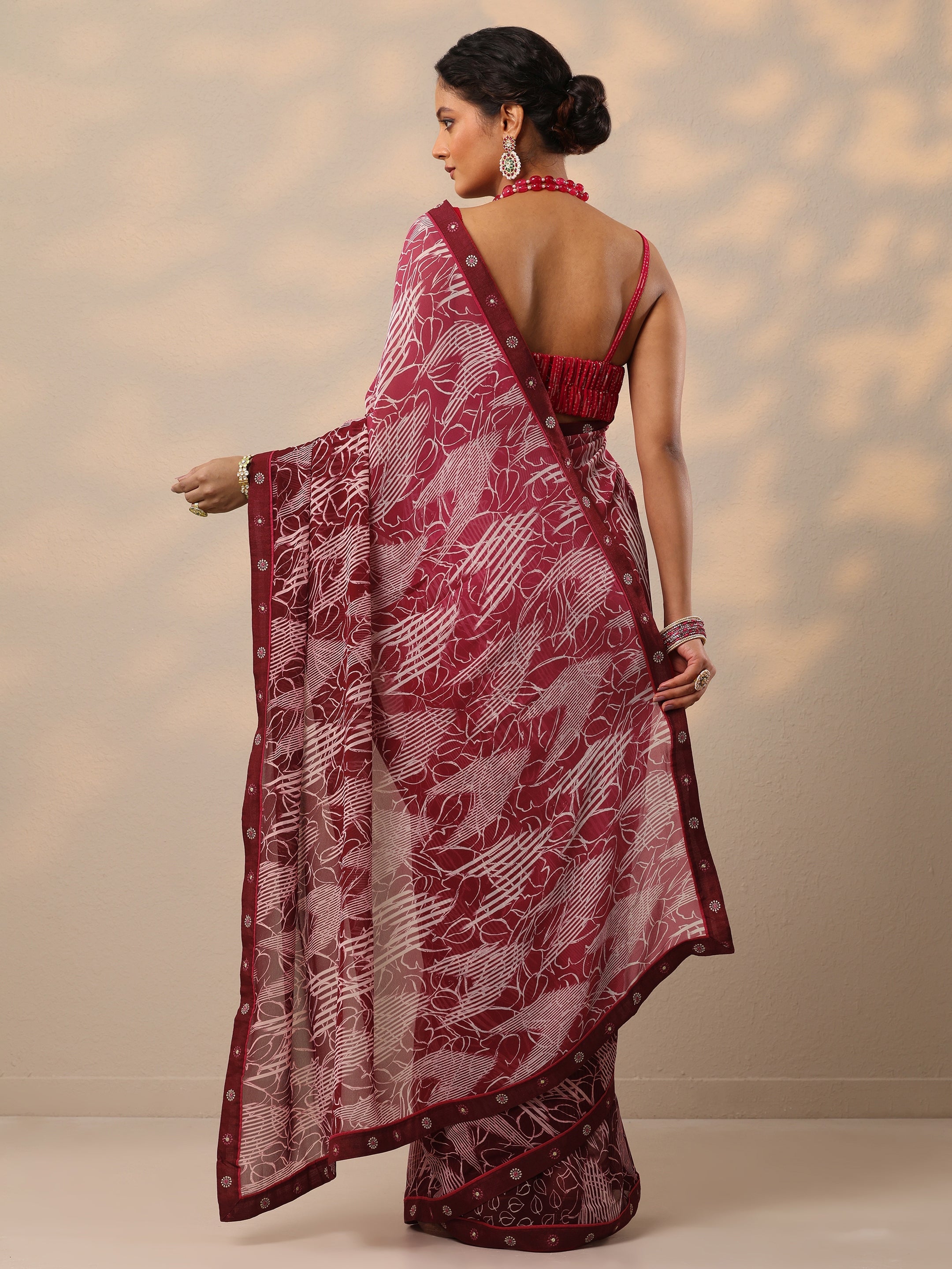 Maroon Printed Georgette Saree With Unstitched Blouse Piece
