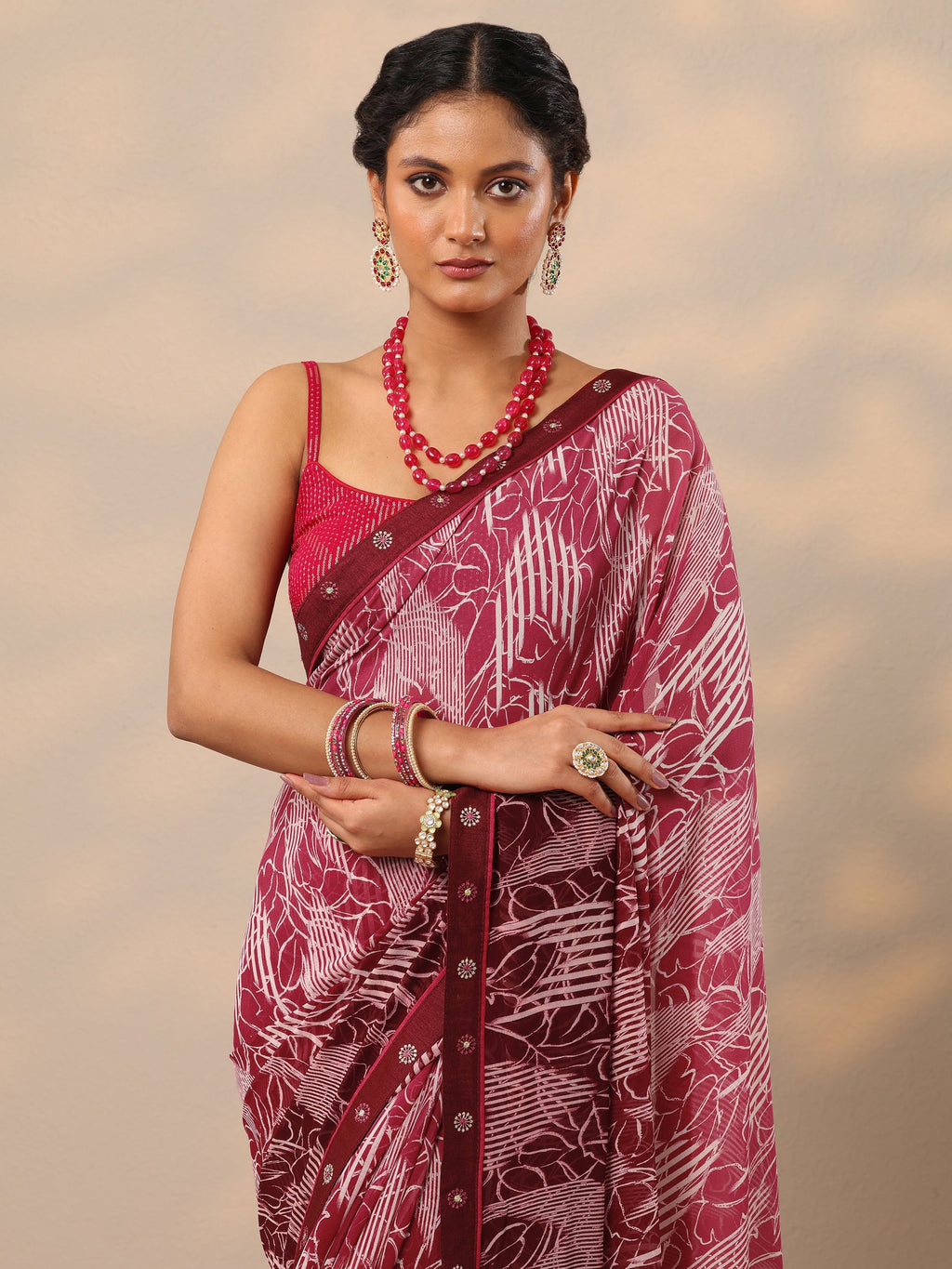 Maroon Printed Georgette Saree With Unstitched Blouse Piece