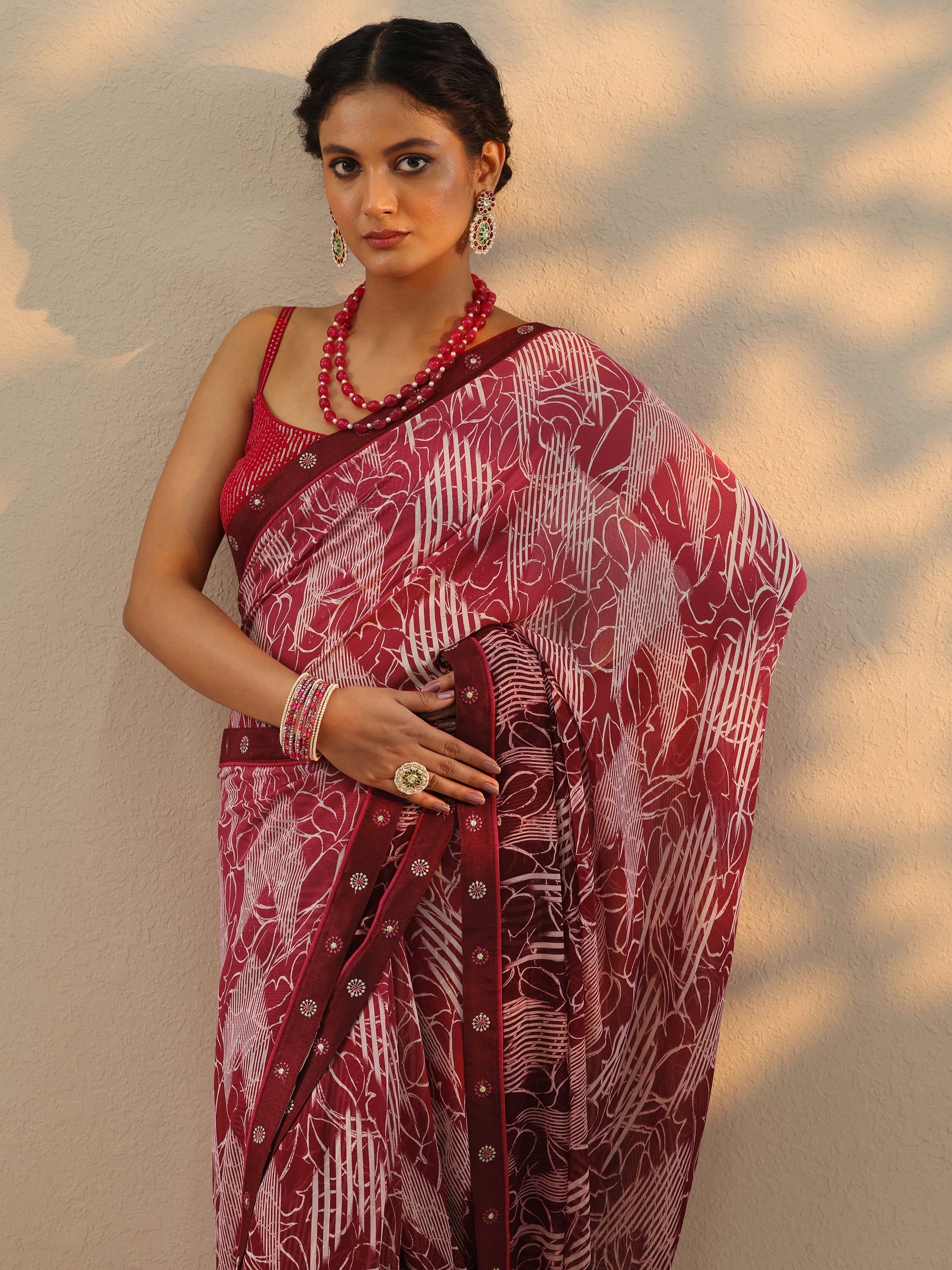 Maroon Printed Georgette Saree With Unstitched Blouse Piece