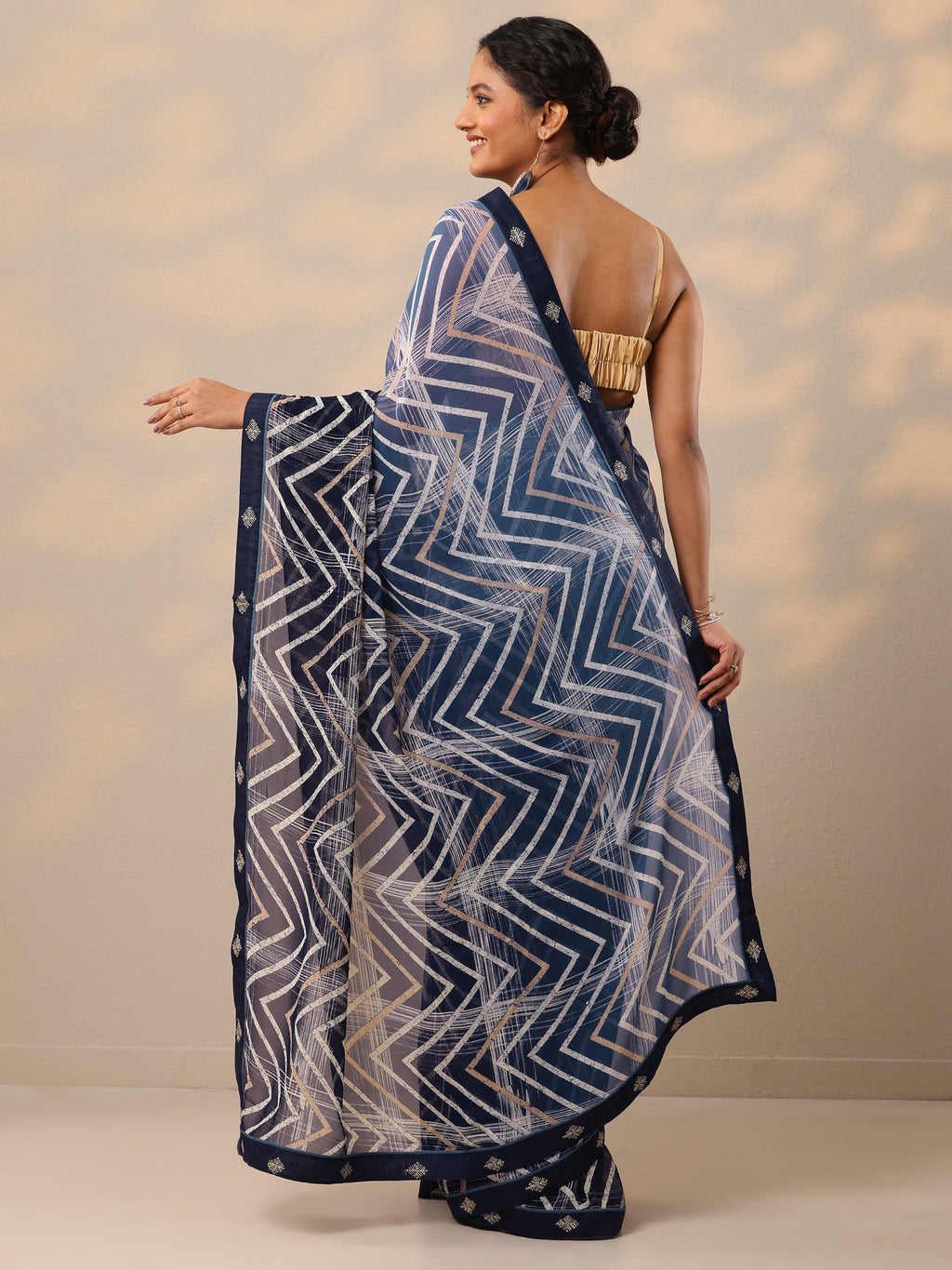 Blue Printed Georgette Saree With Unstitched Blouse Piece