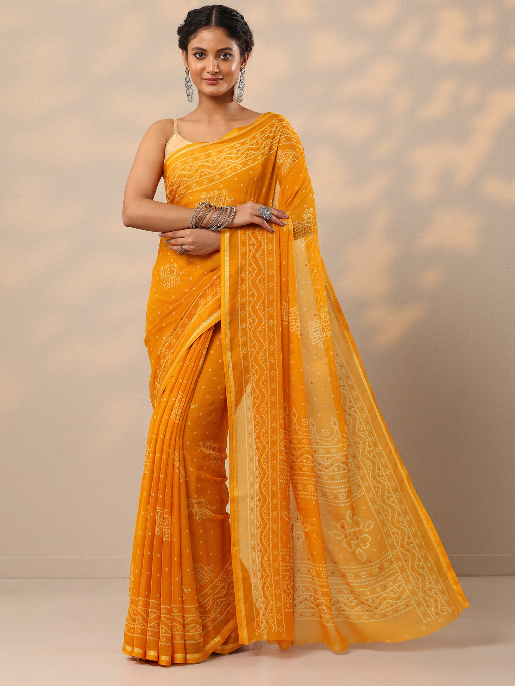Mustard Bandhani Printed Chiffon Saree With Unstitched Blouse Piece
