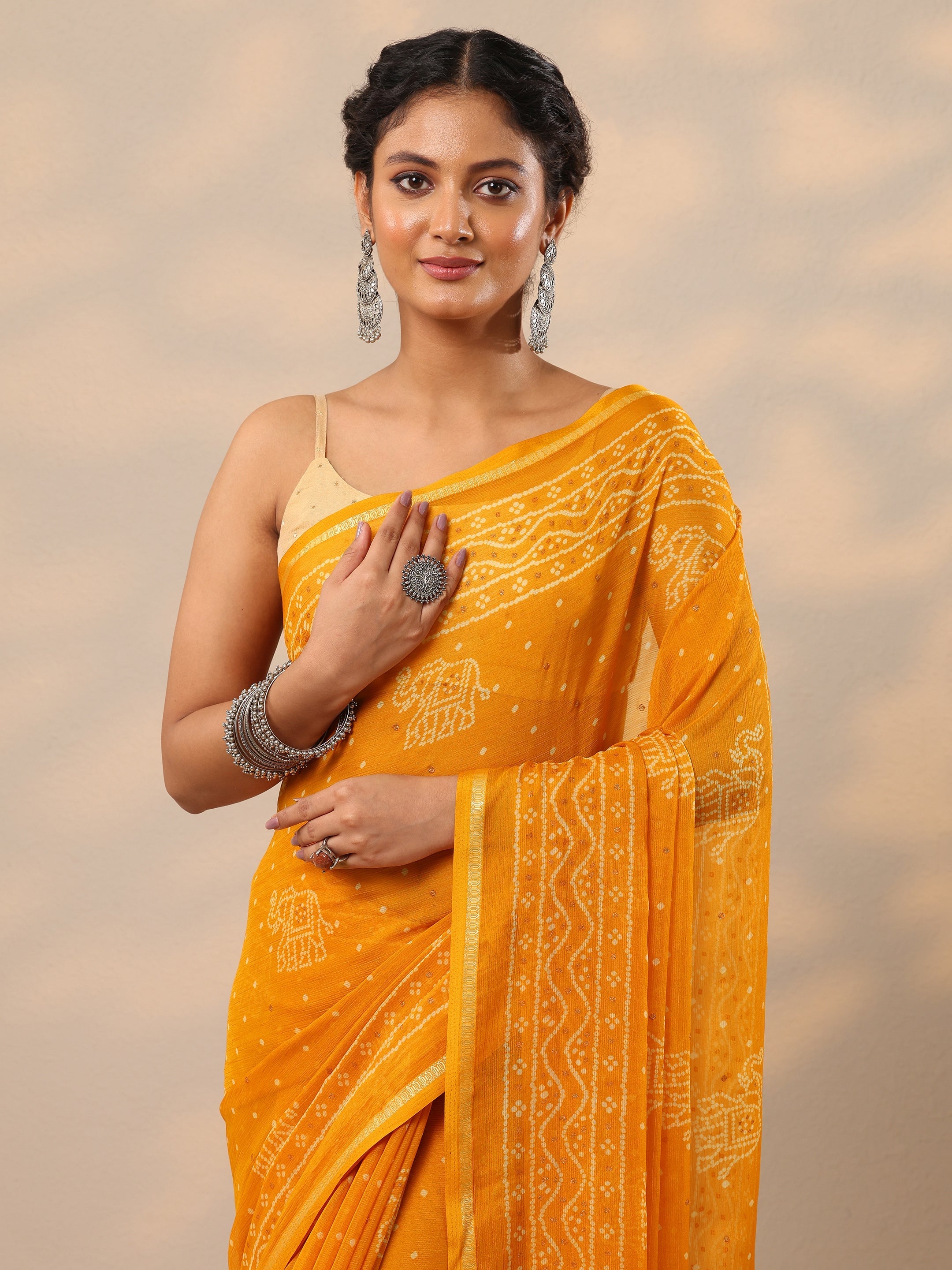 Mustard Bandhani Printed Chiffon Saree With Unstitched Blouse Piece