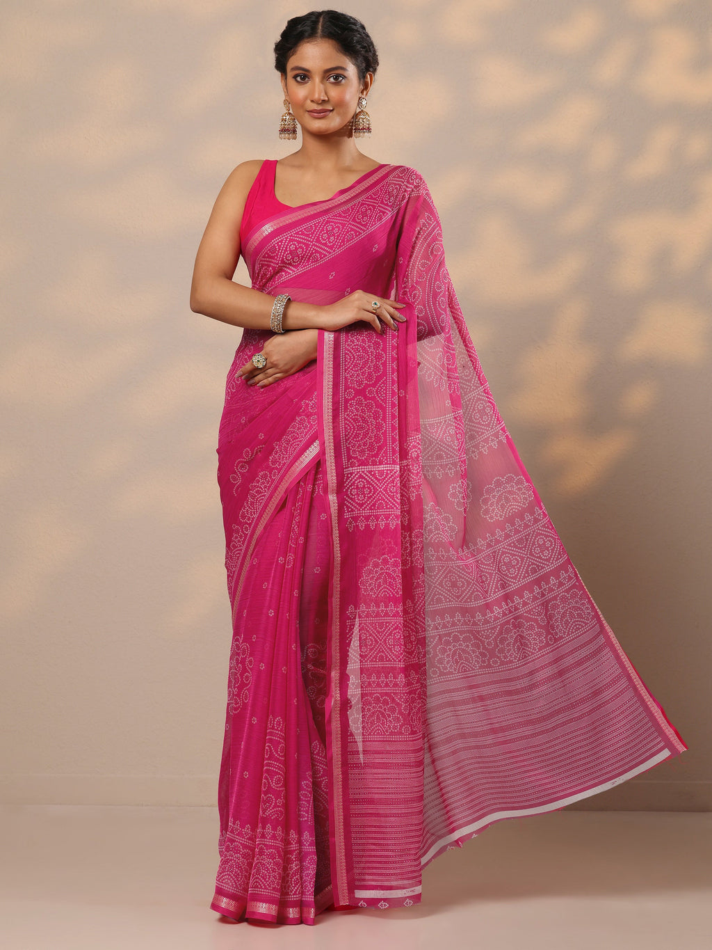 Pink Bandhani Printed Chiffon Saree With Unstitched Blouse Piece