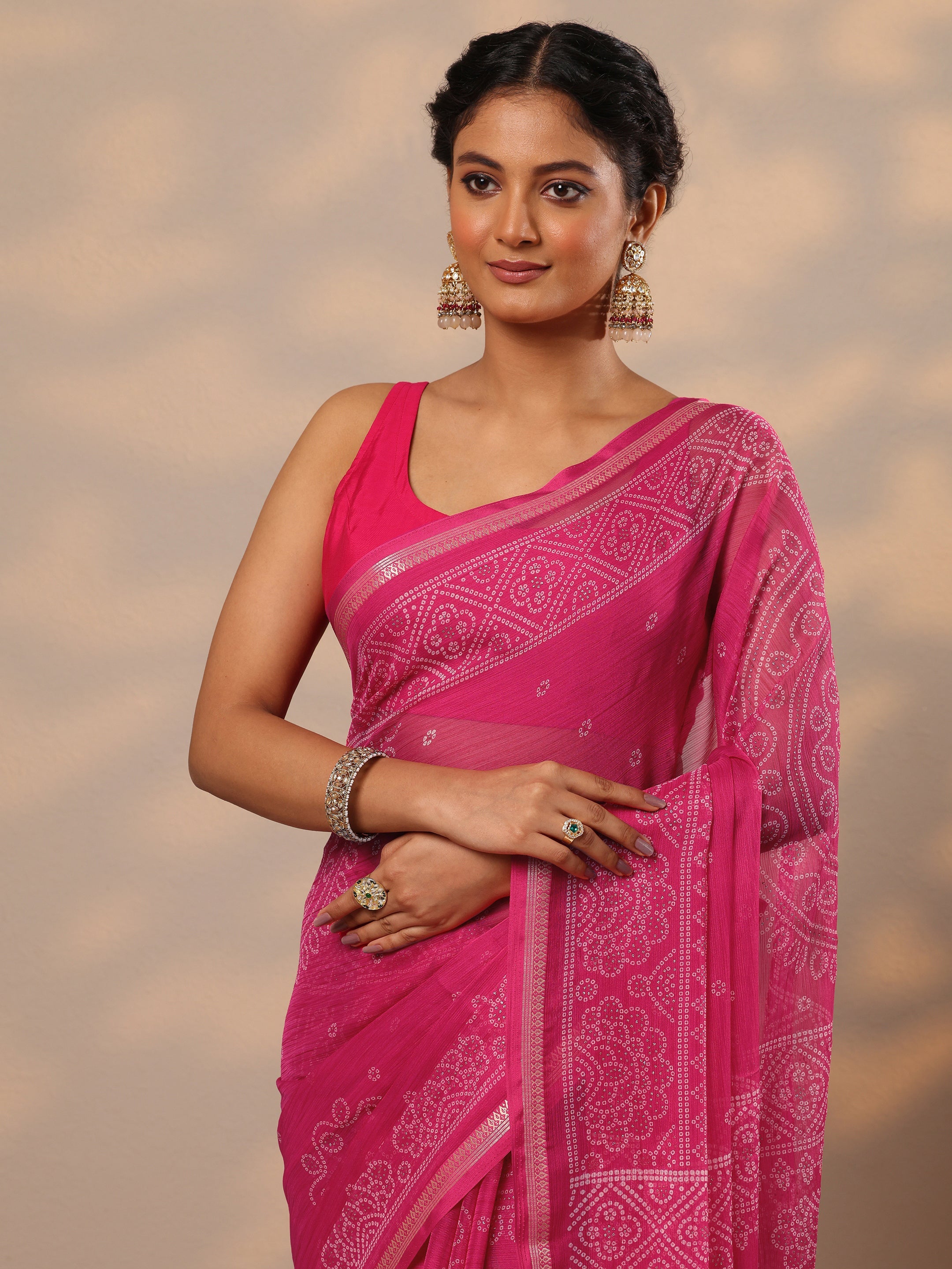 Pink Bandhani Printed Chiffon Saree With Unstitched Blouse Piece