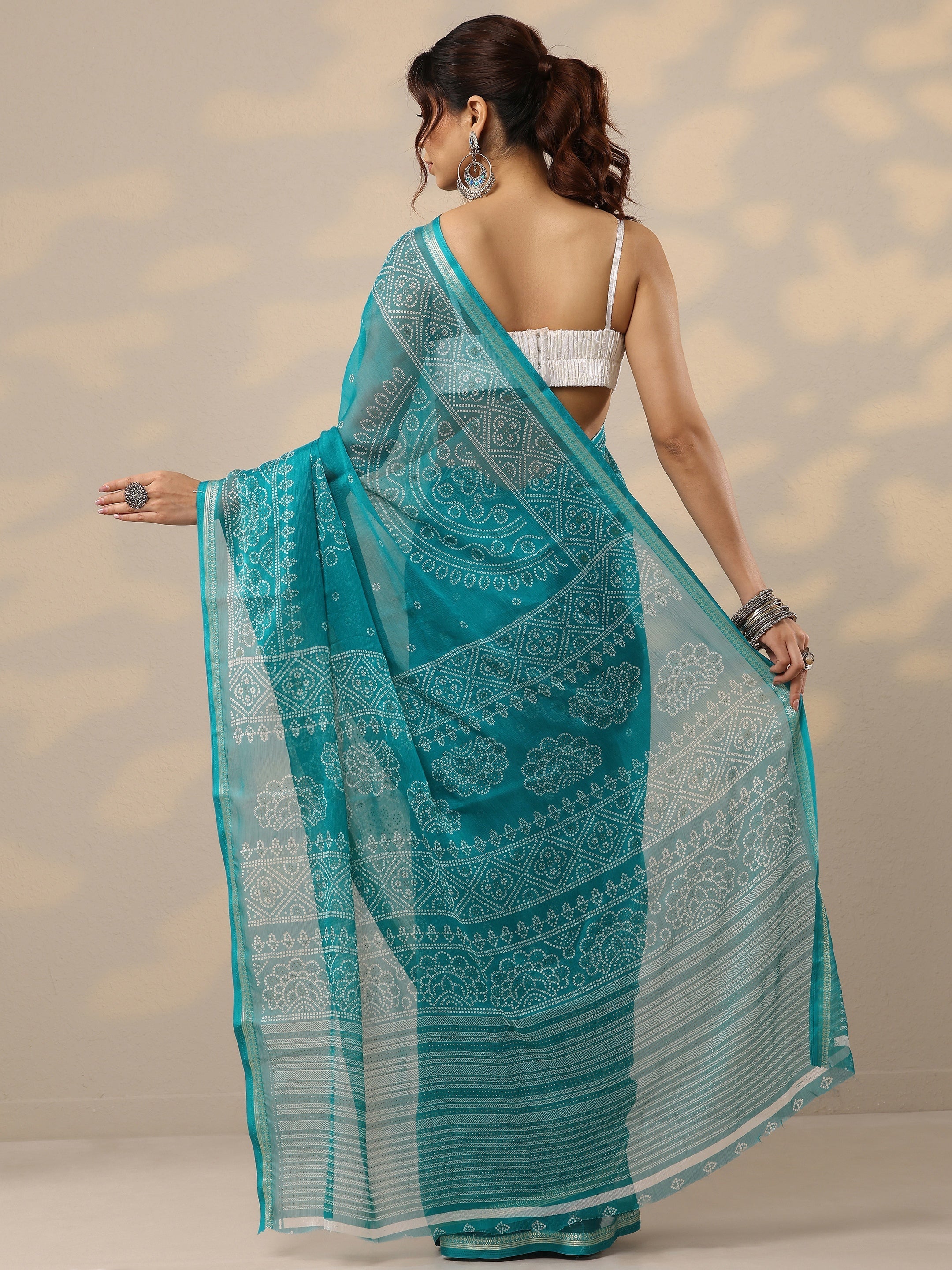 Blue Bandhani Printed Chiffon Sarees With Unstitched Blouse Piece