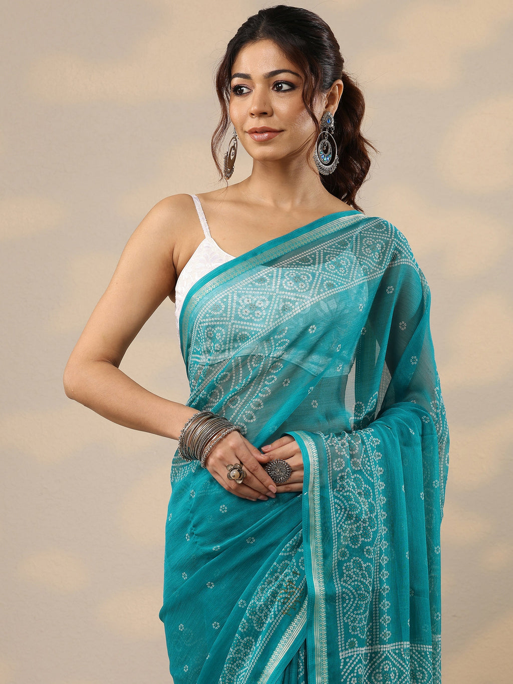Blue Bandhani Printed Chiffon Sarees With Unstitched Blouse Piece