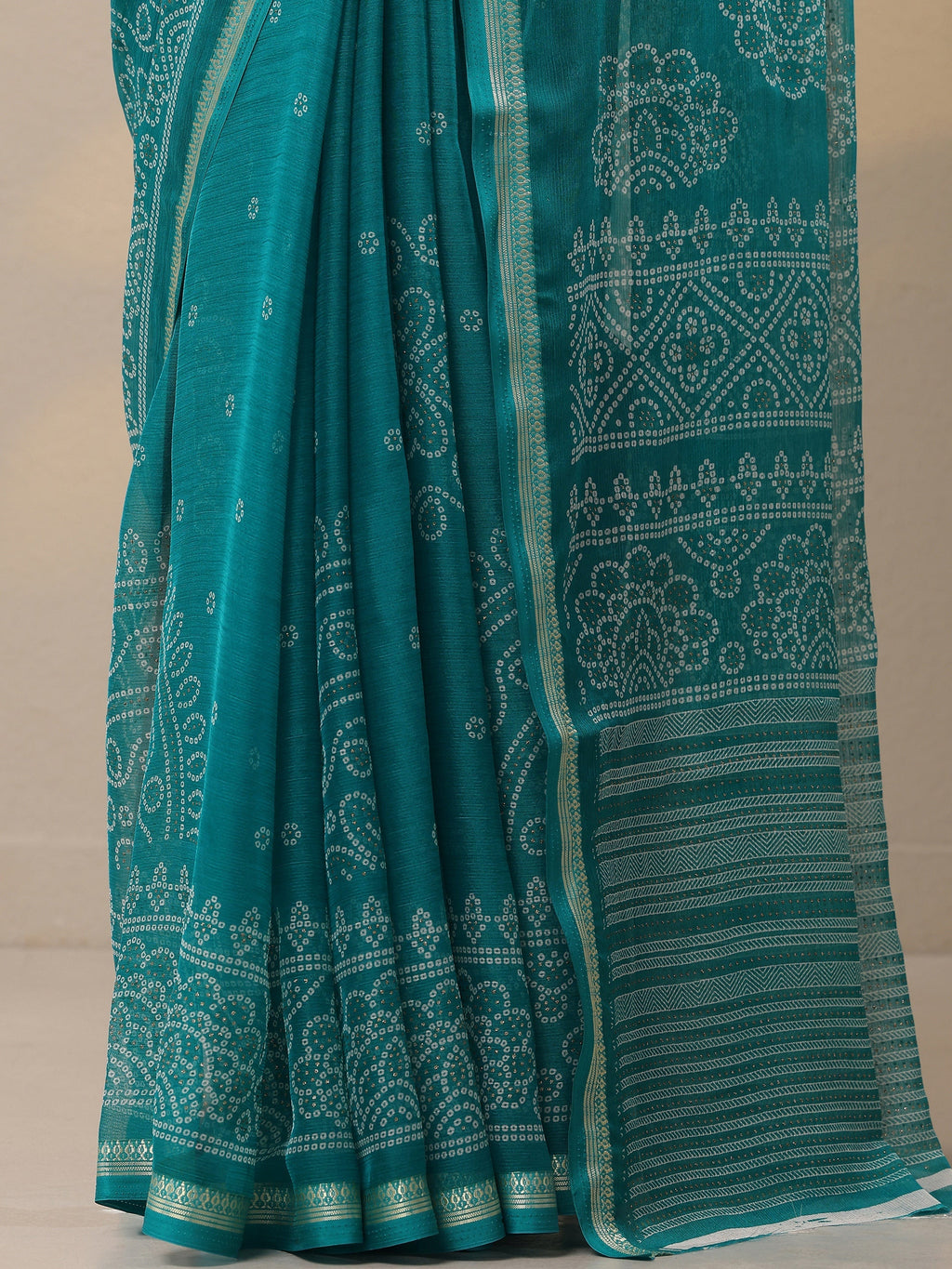Blue Bandhani Printed Chiffon Sarees With Unstitched Blouse Piece