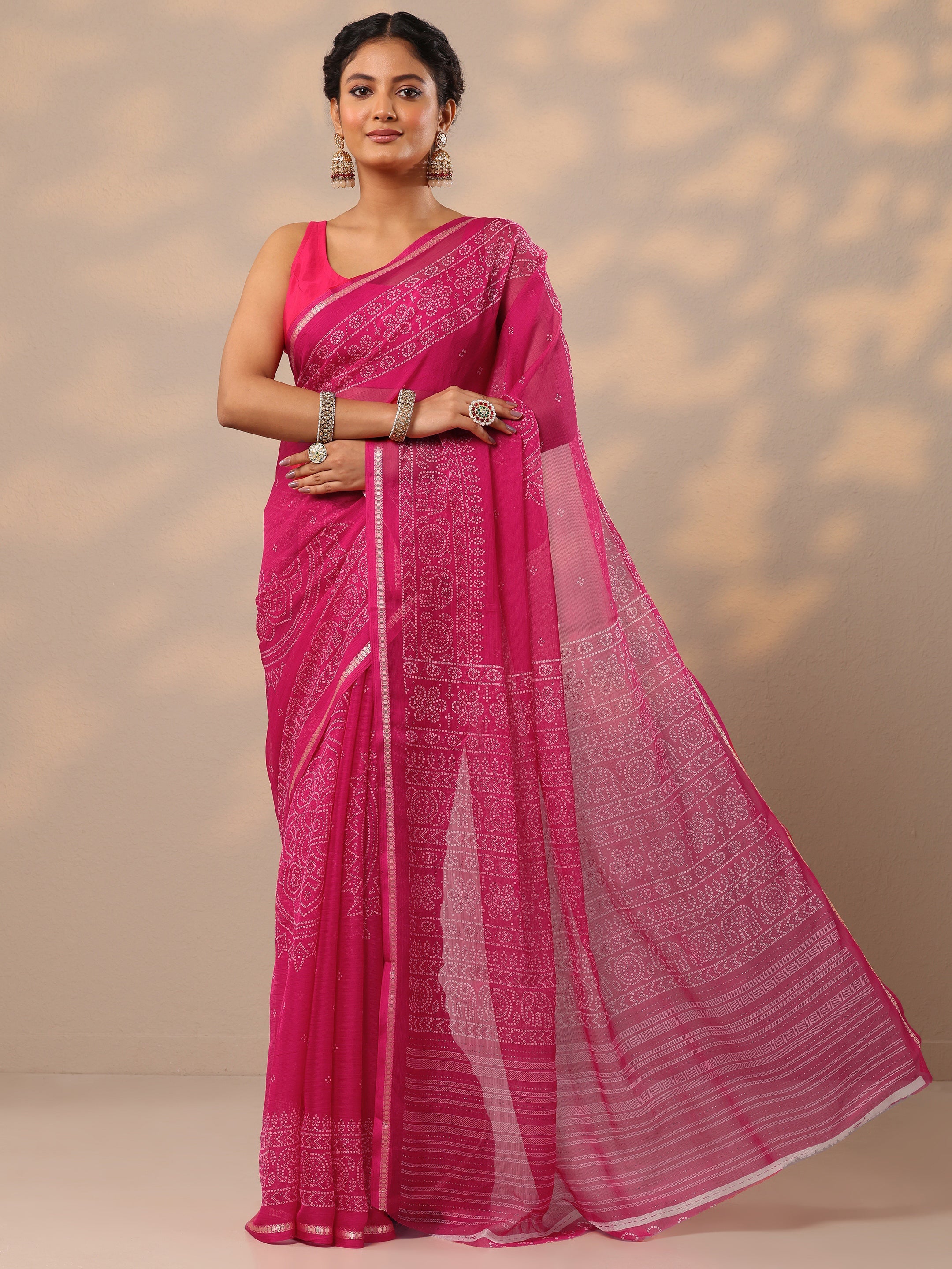 Pink Bandhani Printed Chiffon Saree With Unstitched Blouse Piece