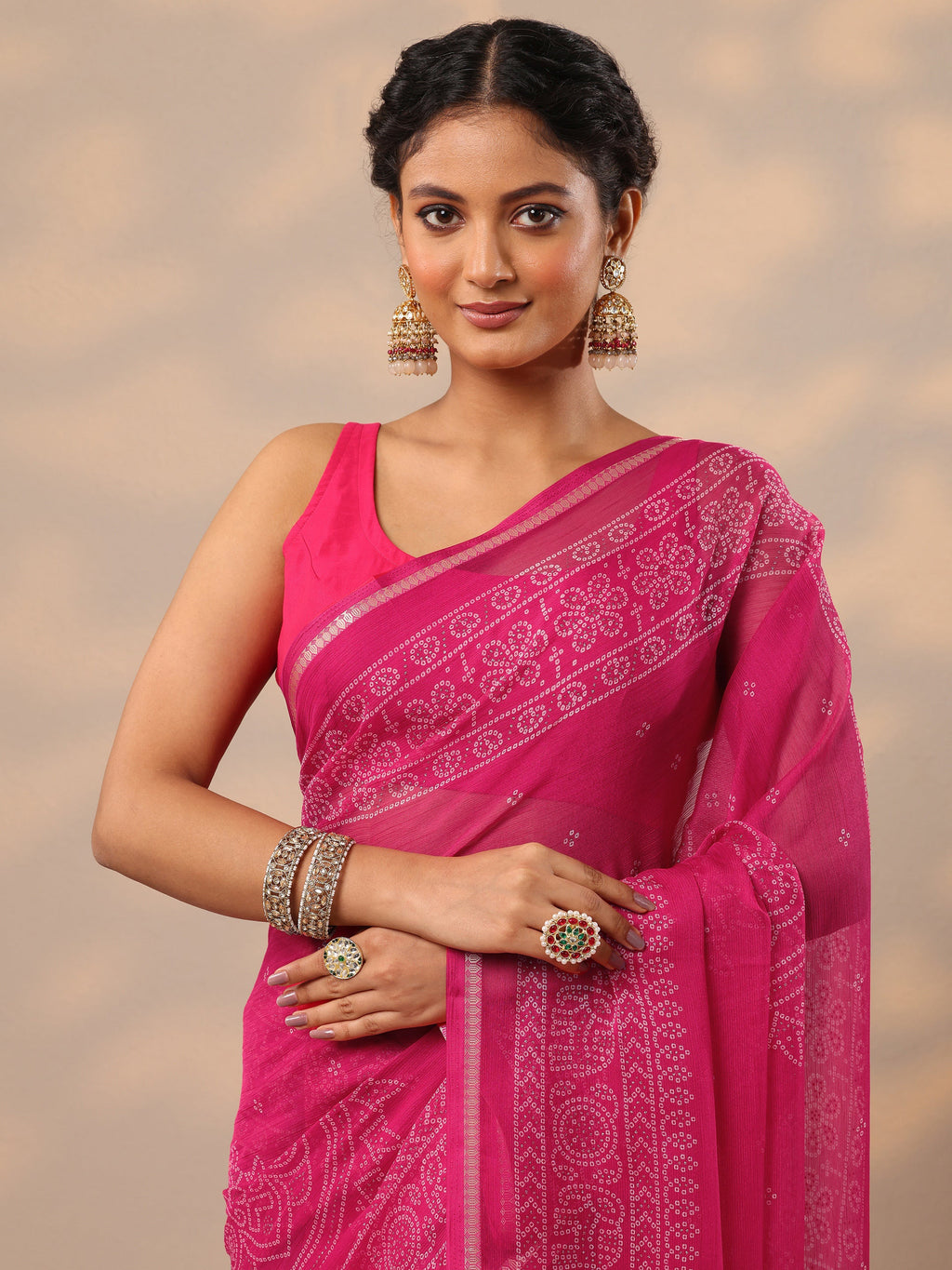 Pink Bandhani Printed Chiffon Saree With Unstitched Blouse Piece