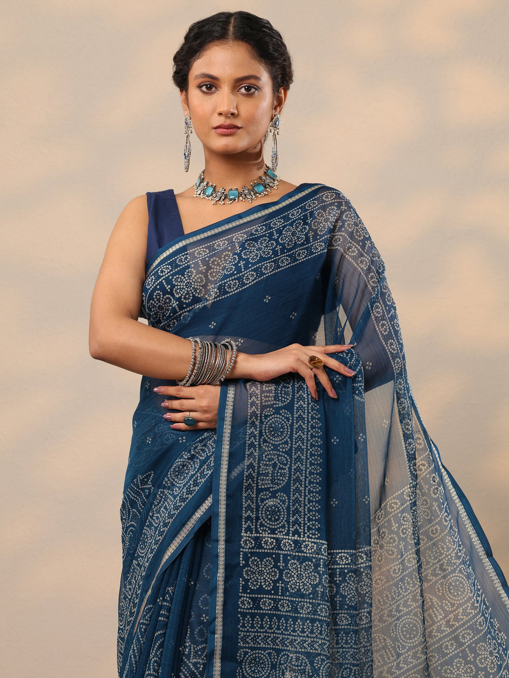 Navy Blue Bandhani Printed Chiffon Saree With Unstitched Blouse Piece