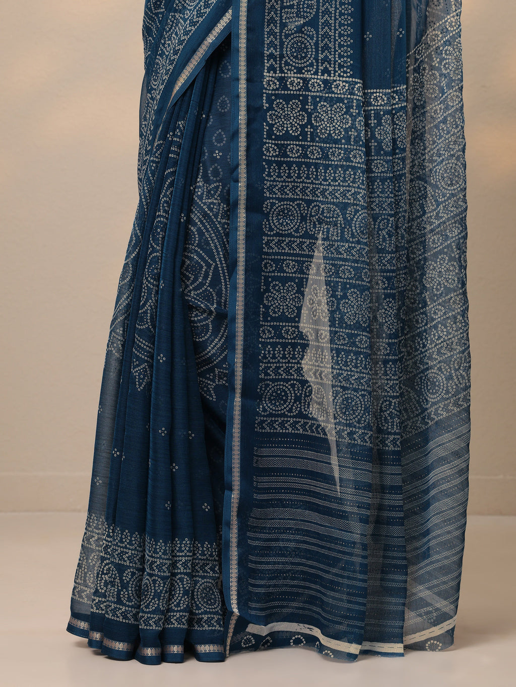 Navy Blue Bandhani Printed Chiffon Saree With Unstitched Blouse Piece