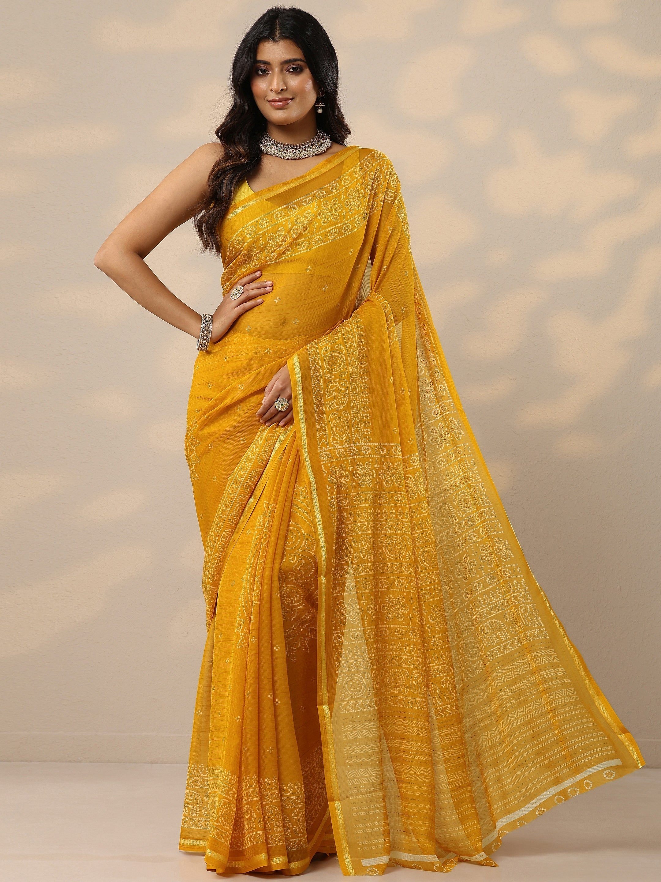 Mustard Bandhani Printed Chiffon Sarees With Unstitched Blouse Piece