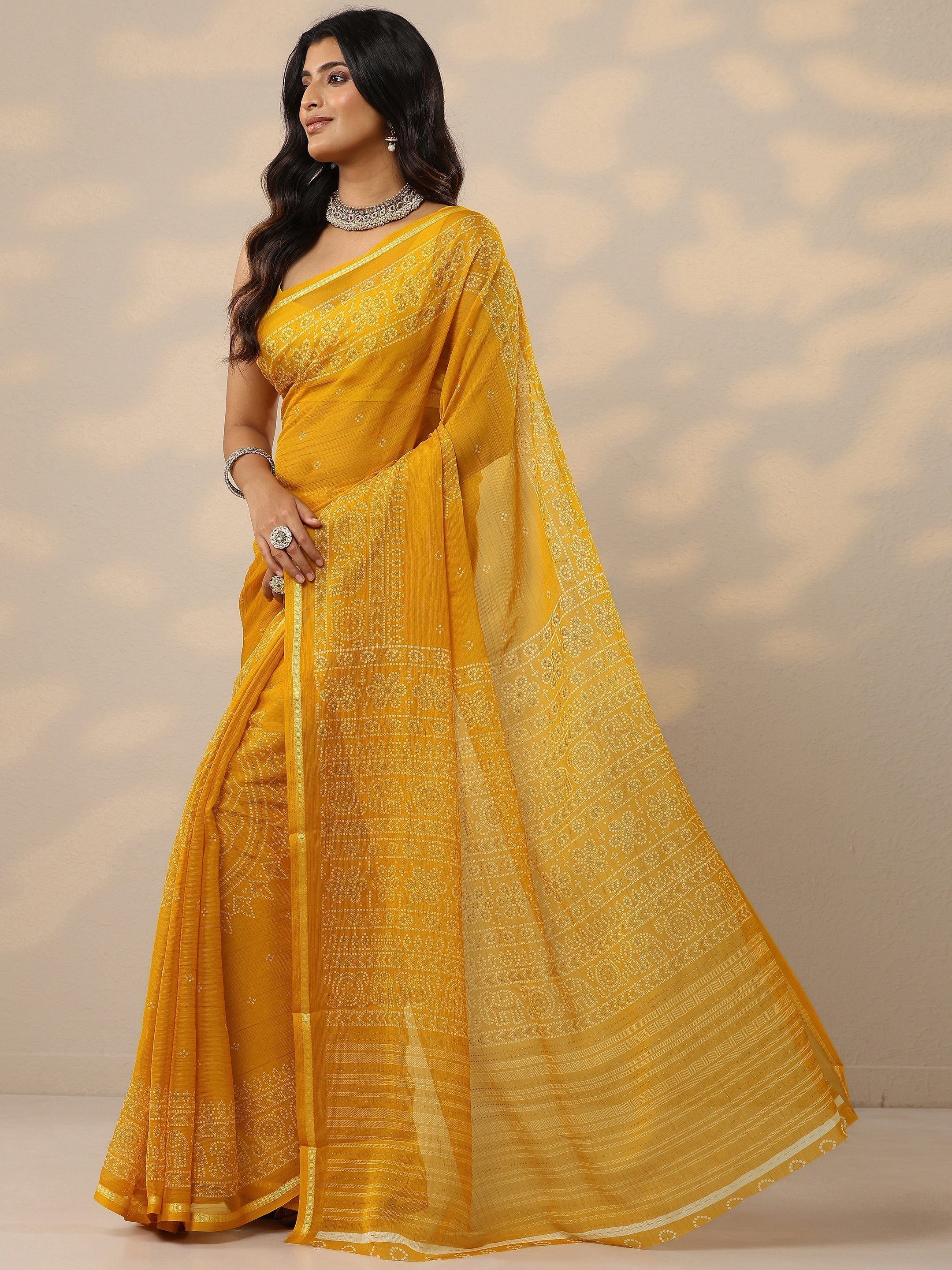 Mustard Bandhani Printed Chiffon Sarees With Unstitched Blouse Piece