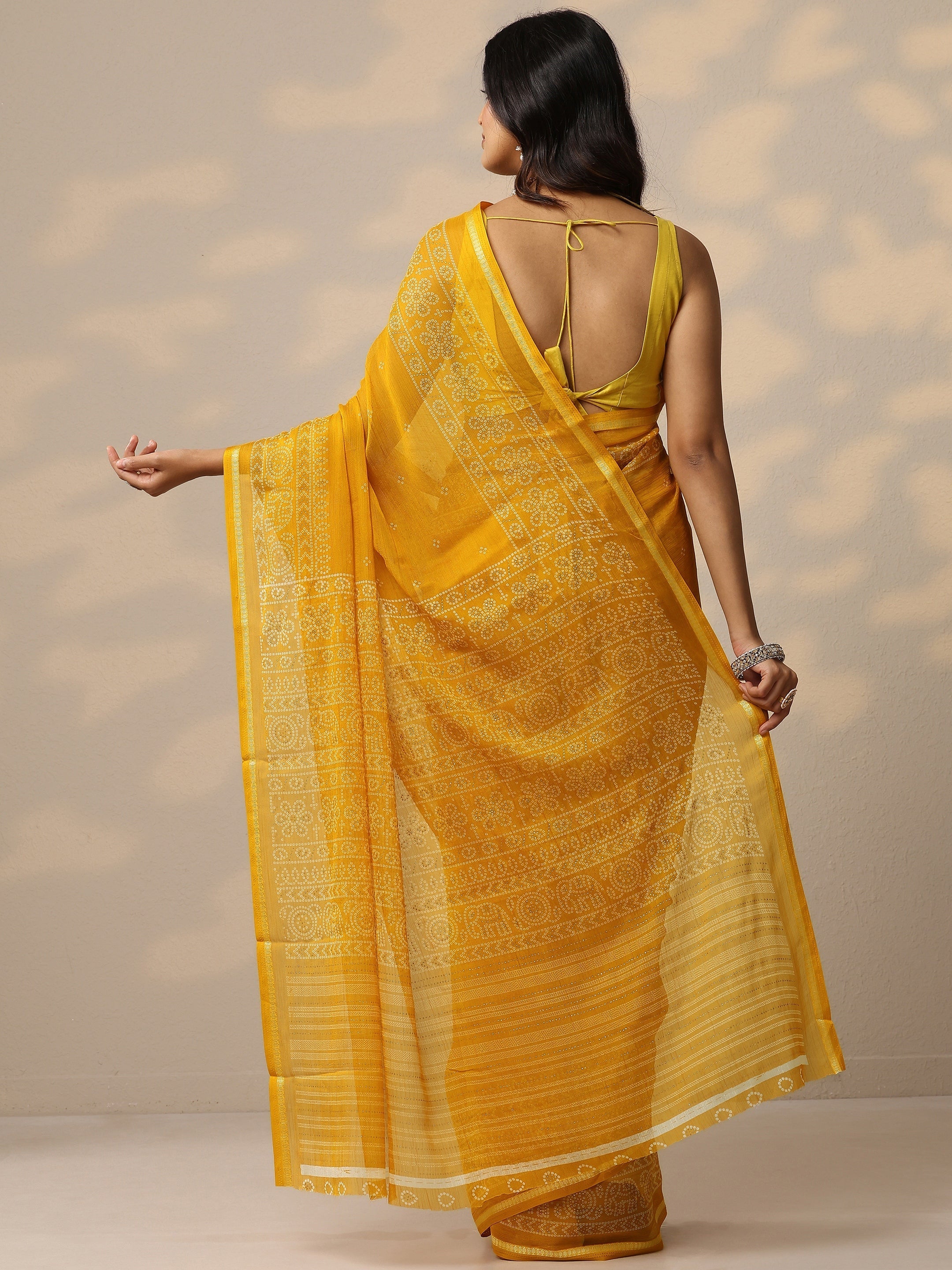 Mustard Bandhani Printed Chiffon Sarees With Unstitched Blouse Piece