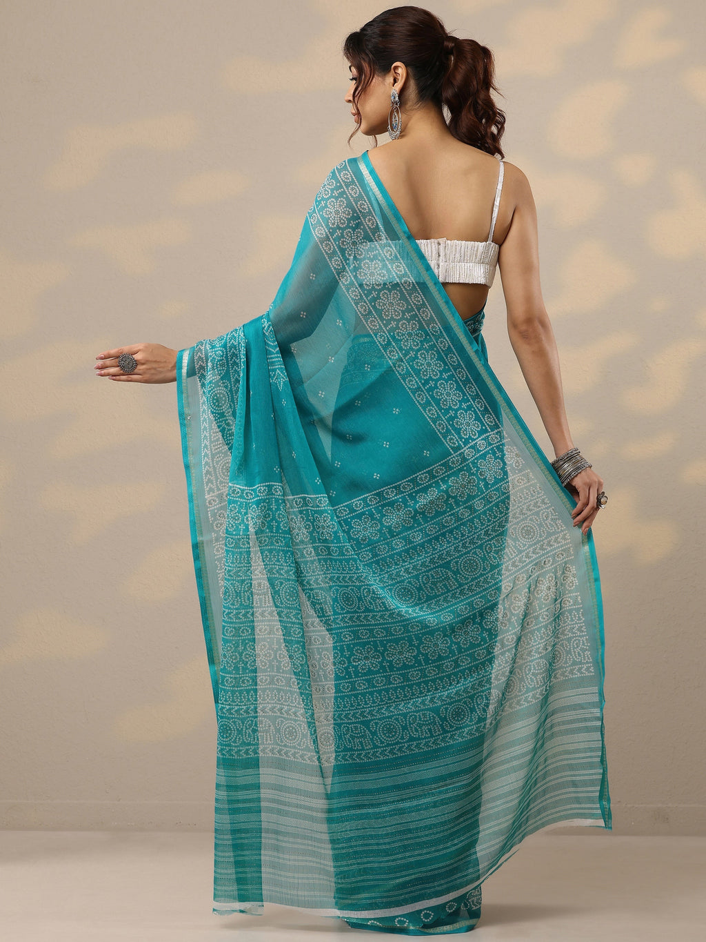 Blue Bandhani Printed Chiffon Sarees With Unstitched Blouse Piece
