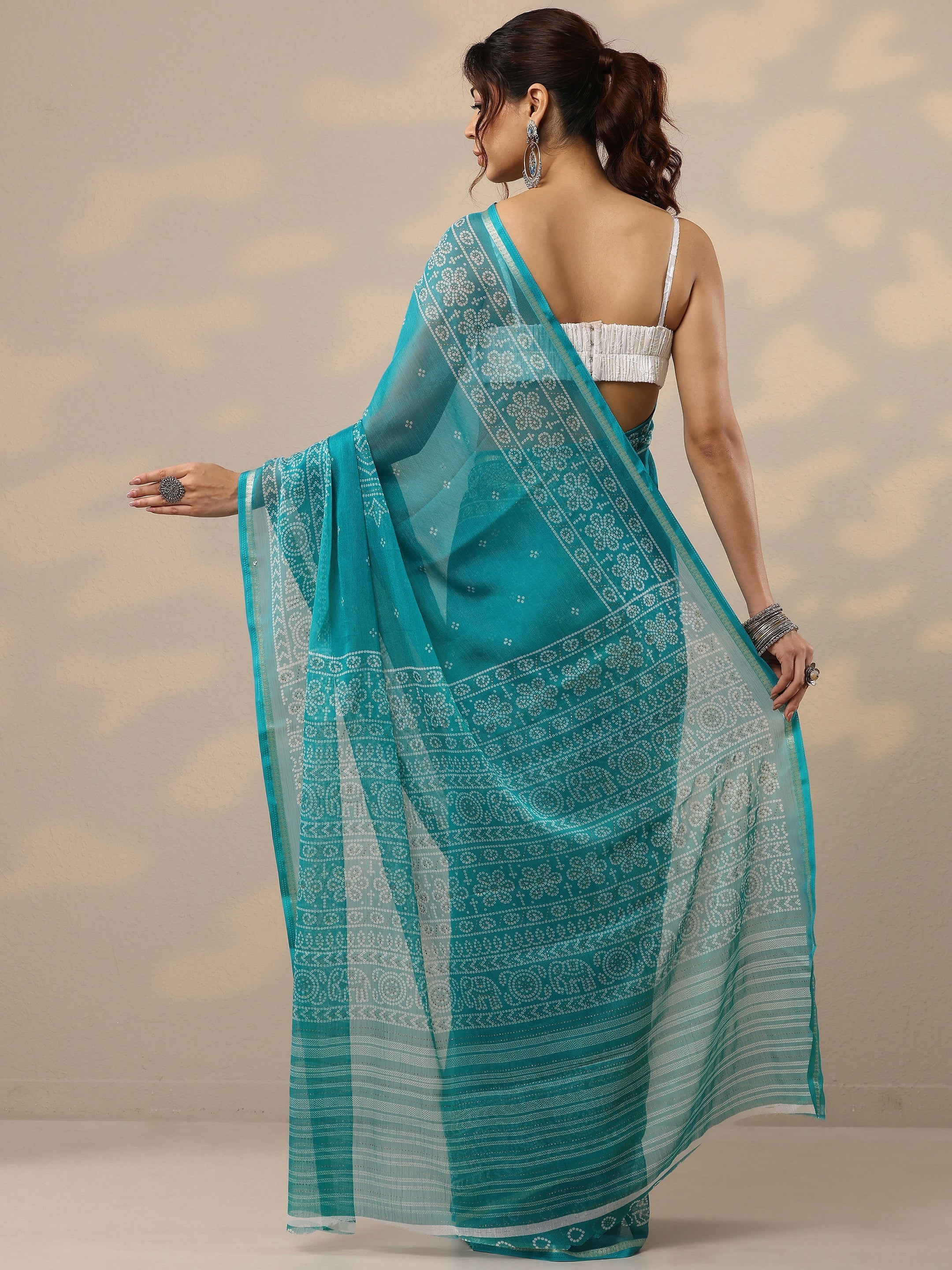 Blue Bandhani Printed Chiffon Sarees With Unstitched Blouse Piece