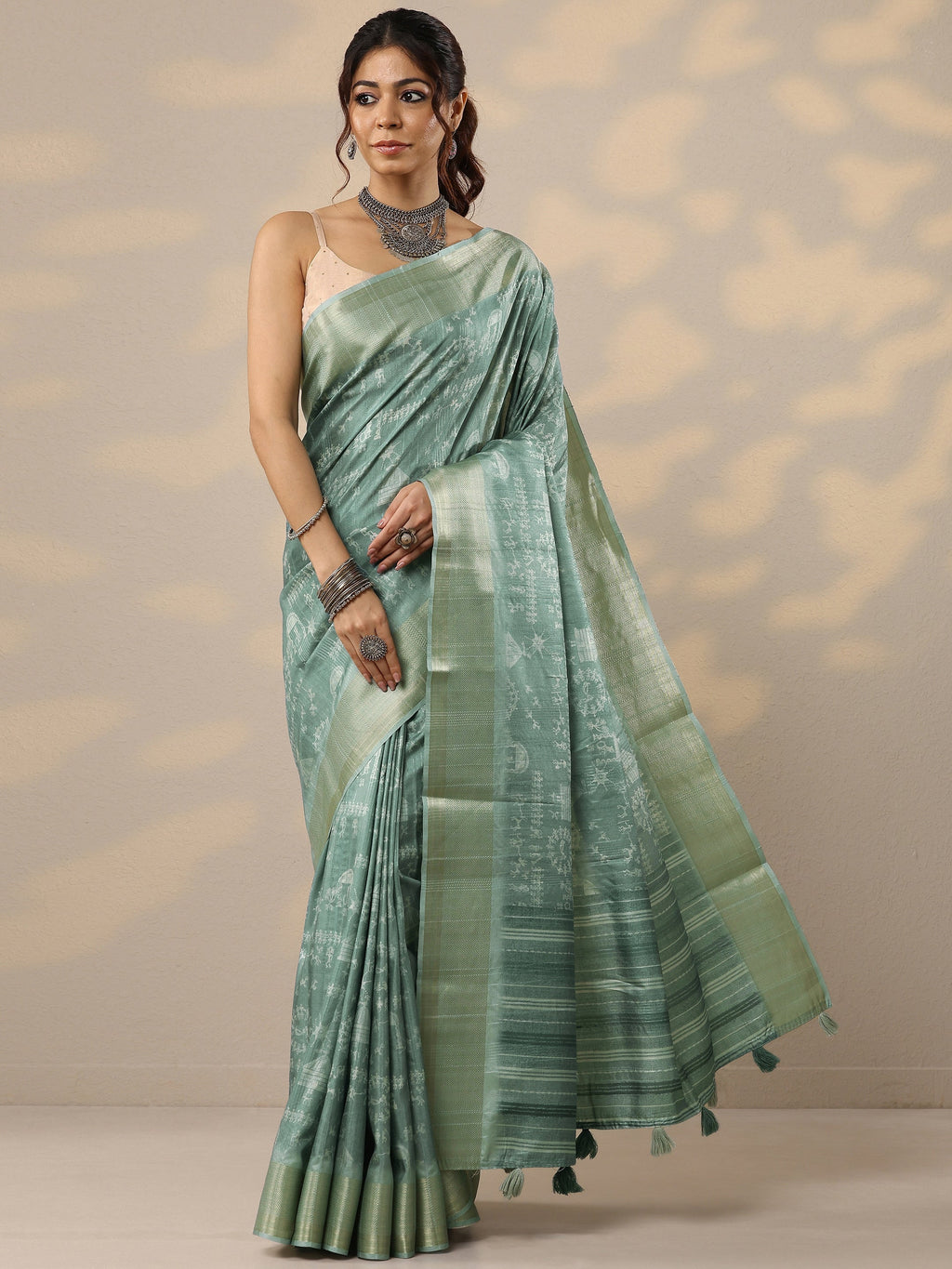 Green Printed Silk Blend Sarees With Unstitched Blouse Piece