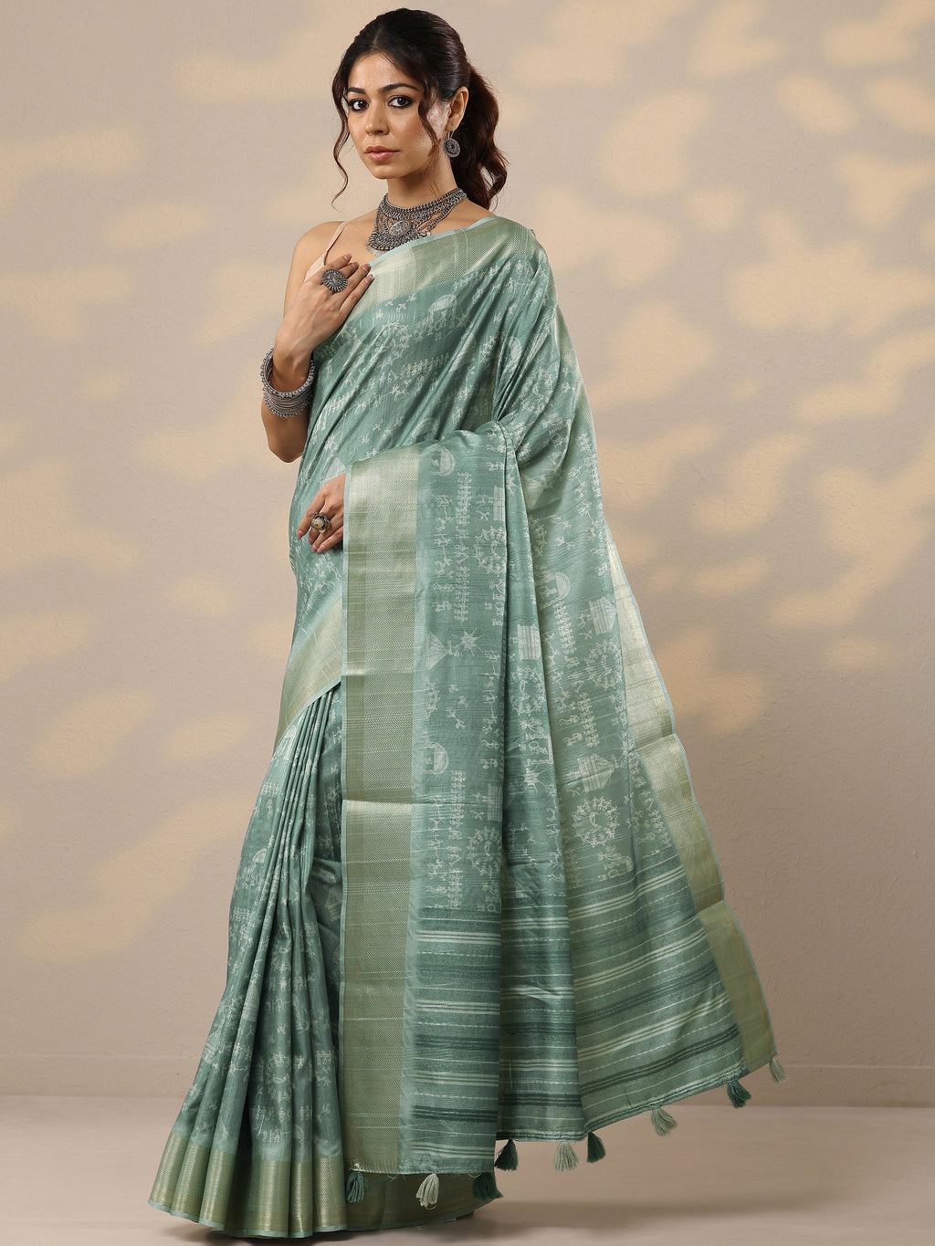 Green Printed Silk Blend Sarees With Unstitched Blouse Piece