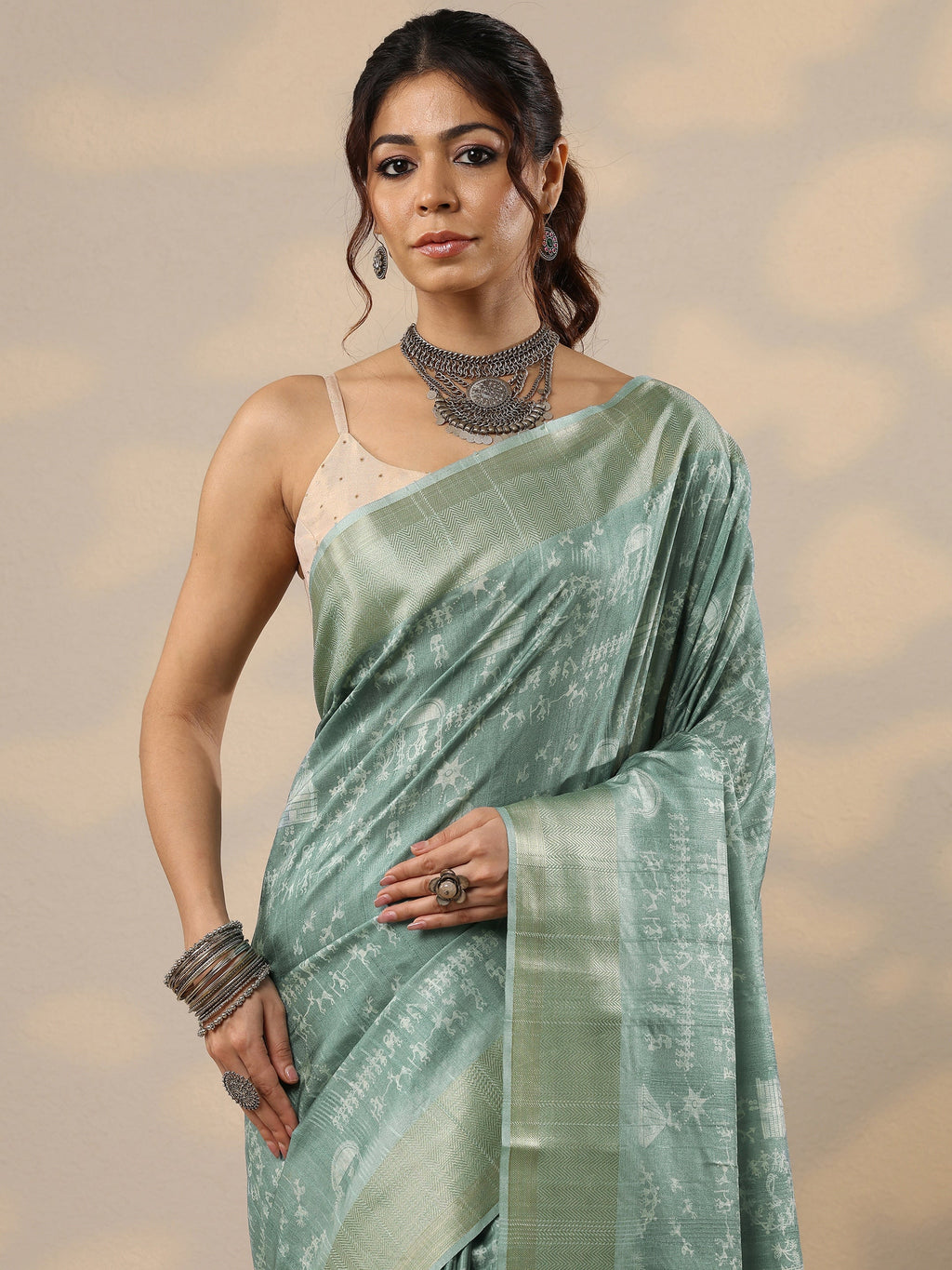Green Printed Silk Blend Sarees With Unstitched Blouse Piece
