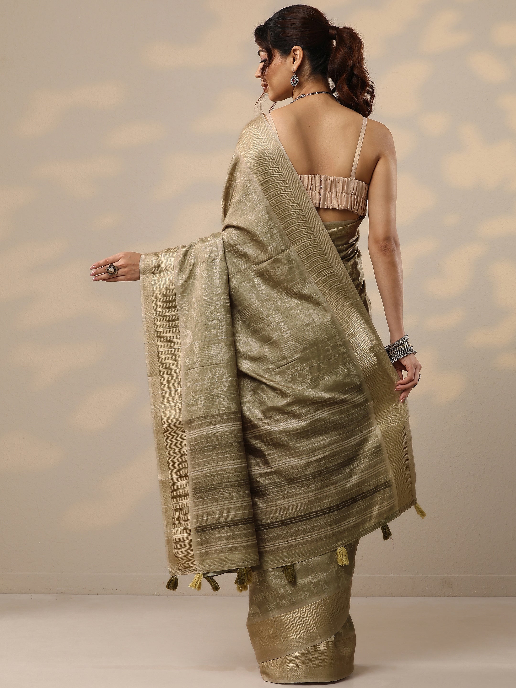 Gold Printed Silk Blend Sarees With Unstitched Blouse Piece