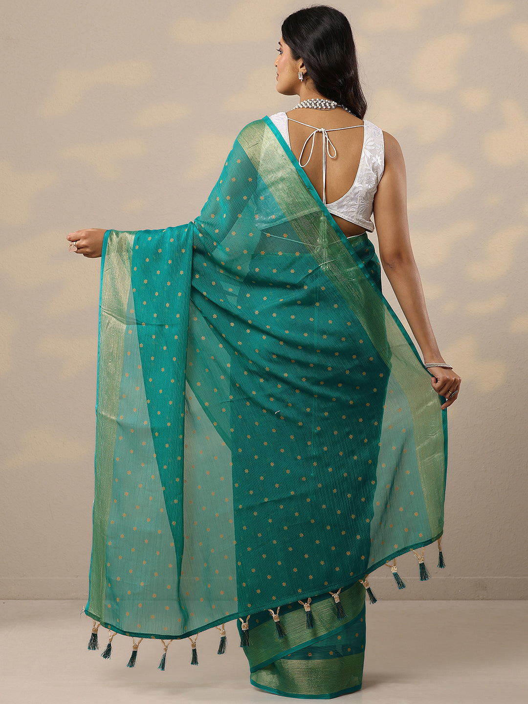 Green Printed Chiffon Sarees With Unstitched Blouse Piece