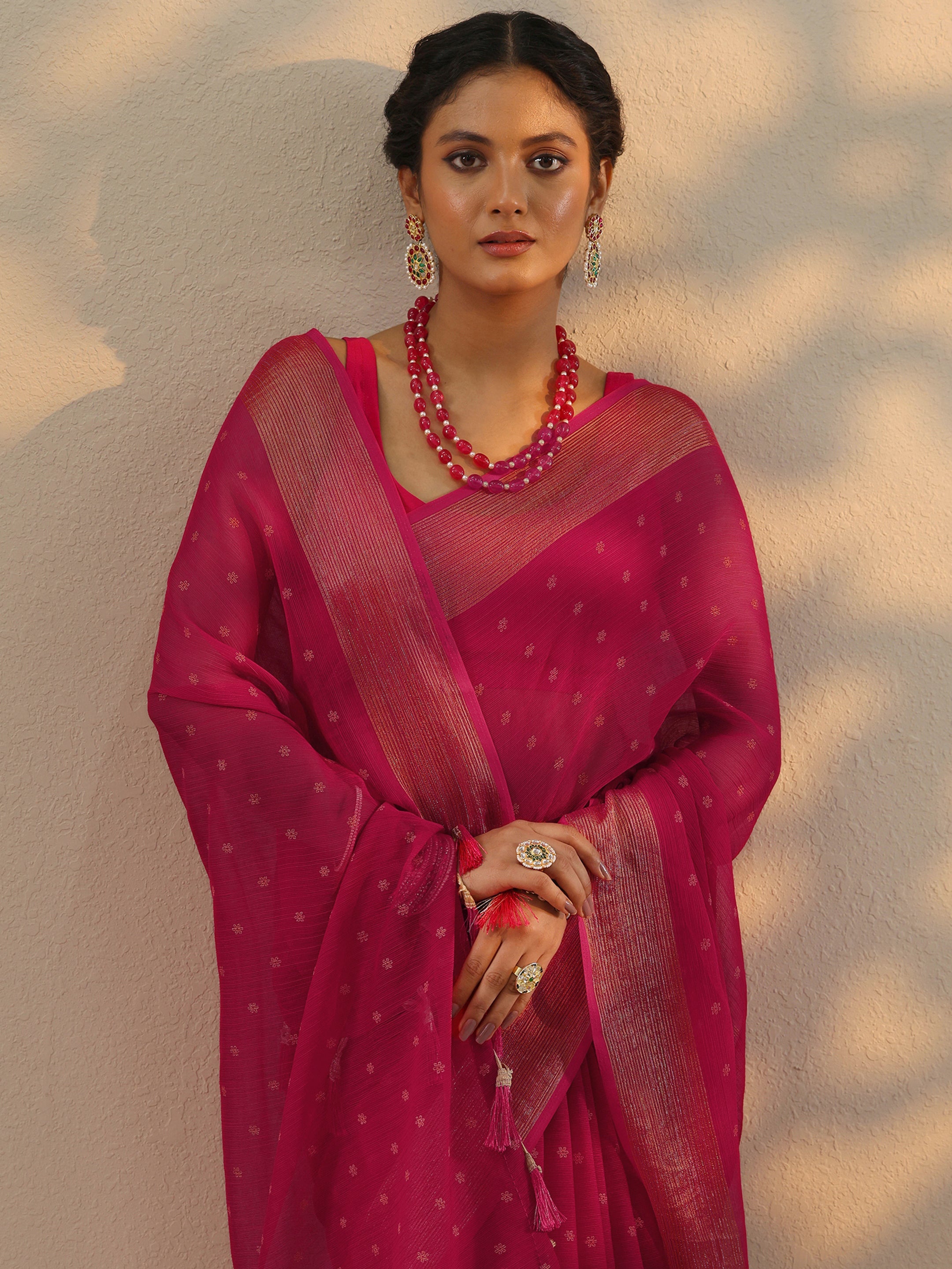 Pink Printed Chiffon Saree With Unstitched Blouse Piece