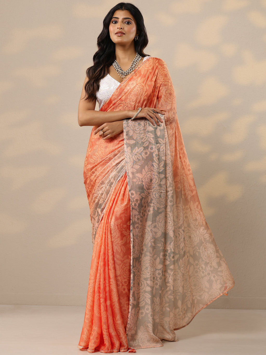 Orange Printed Silk Blend Sarees With Unstitched Blouse Piece