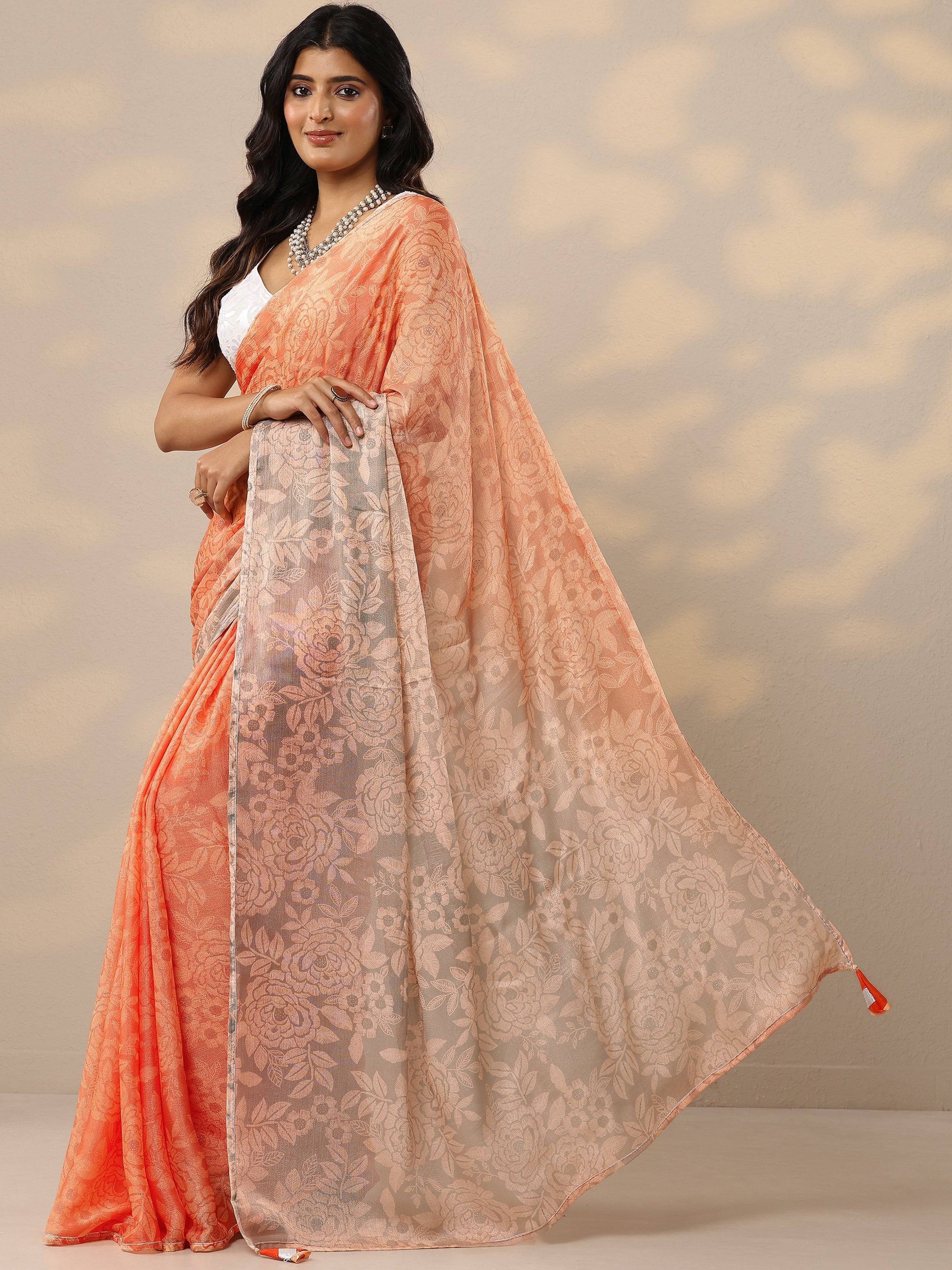 Orange Printed Silk Blend Sarees With Unstitched Blouse Piece