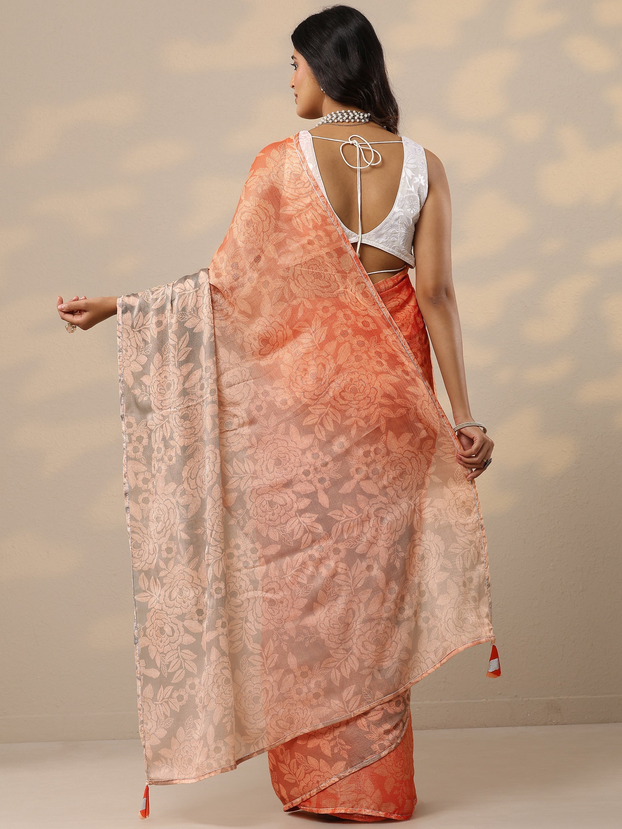 Orange Printed Silk Blend Sarees With Unstitched Blouse Piece