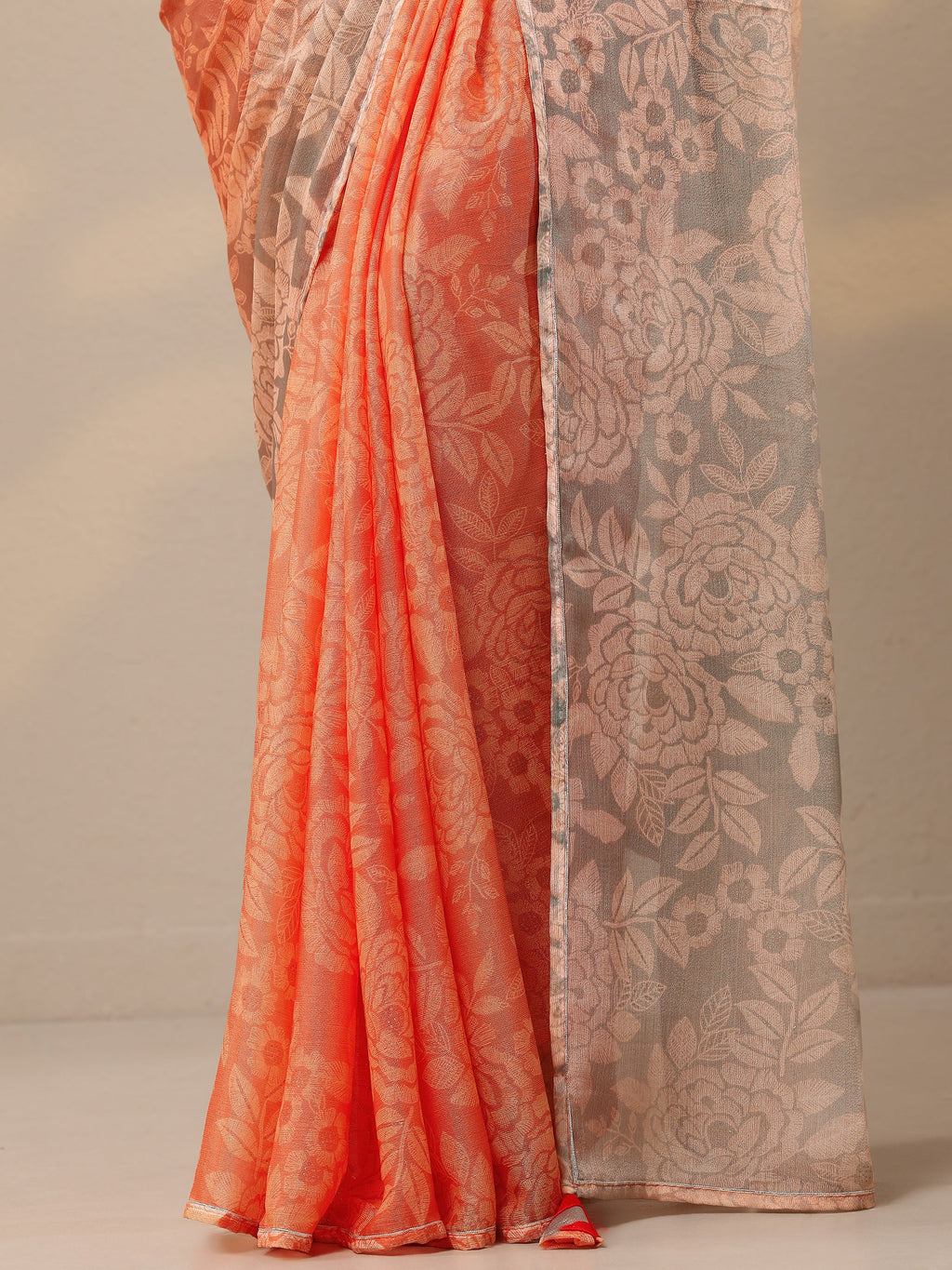 Orange Printed Silk Blend Sarees With Unstitched Blouse Piece