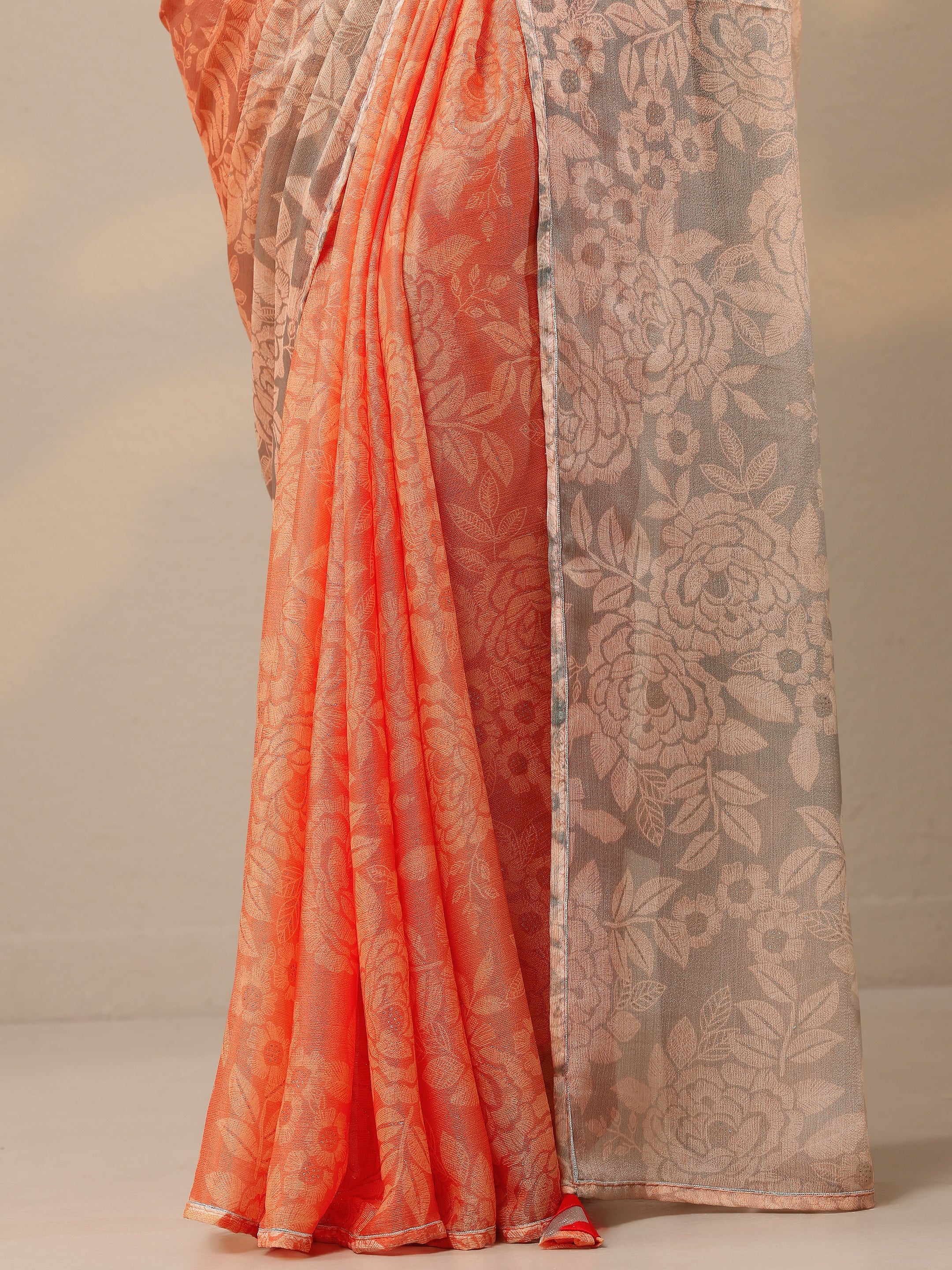 Orange Printed Silk Blend Sarees With Unstitched Blouse Piece