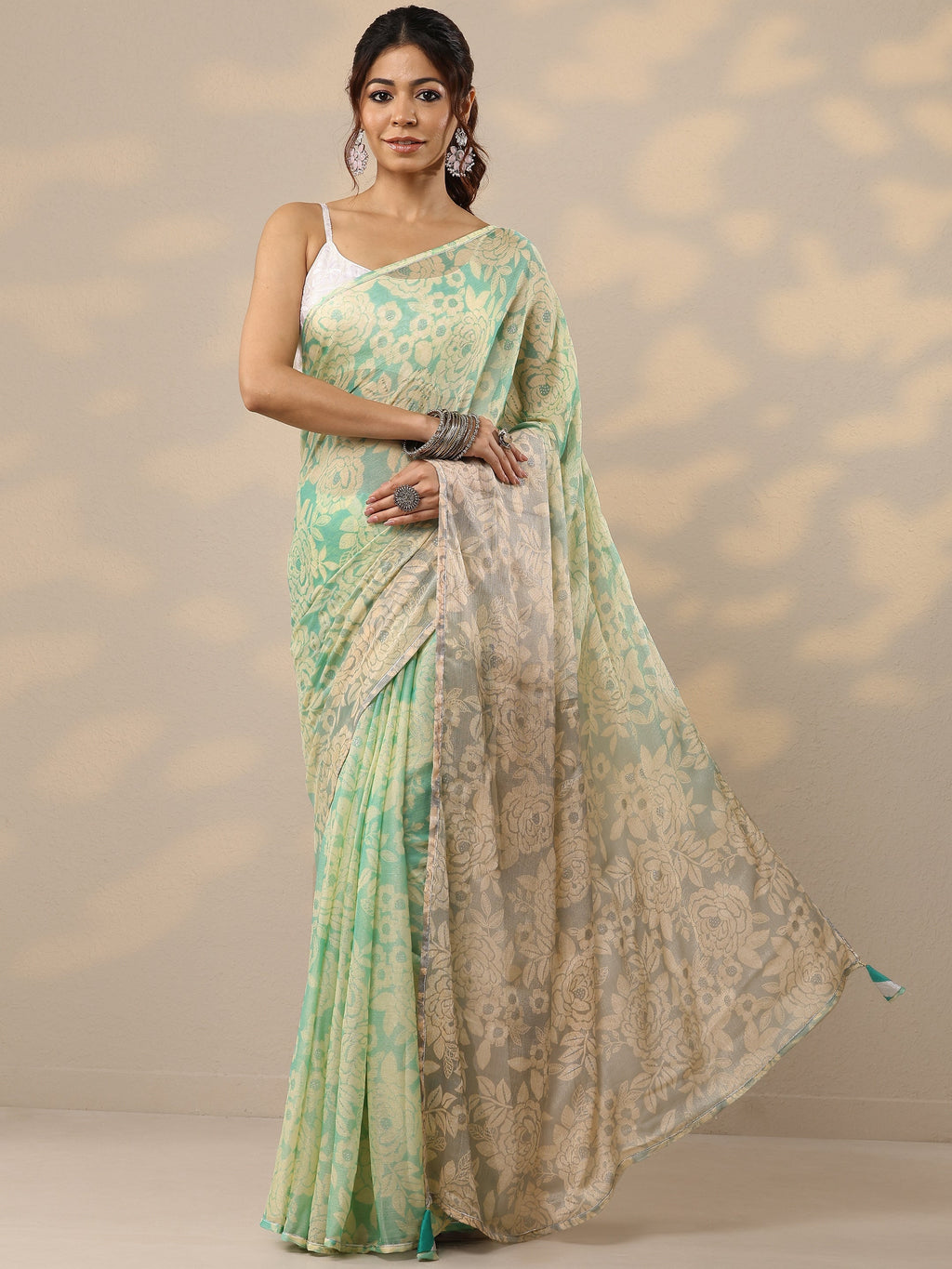 Green Printed Silk Blend Sarees With Unstitched Blouse Piece
