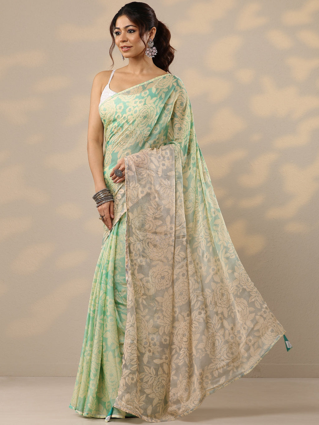 Green Printed Silk Blend Sarees With Unstitched Blouse Piece