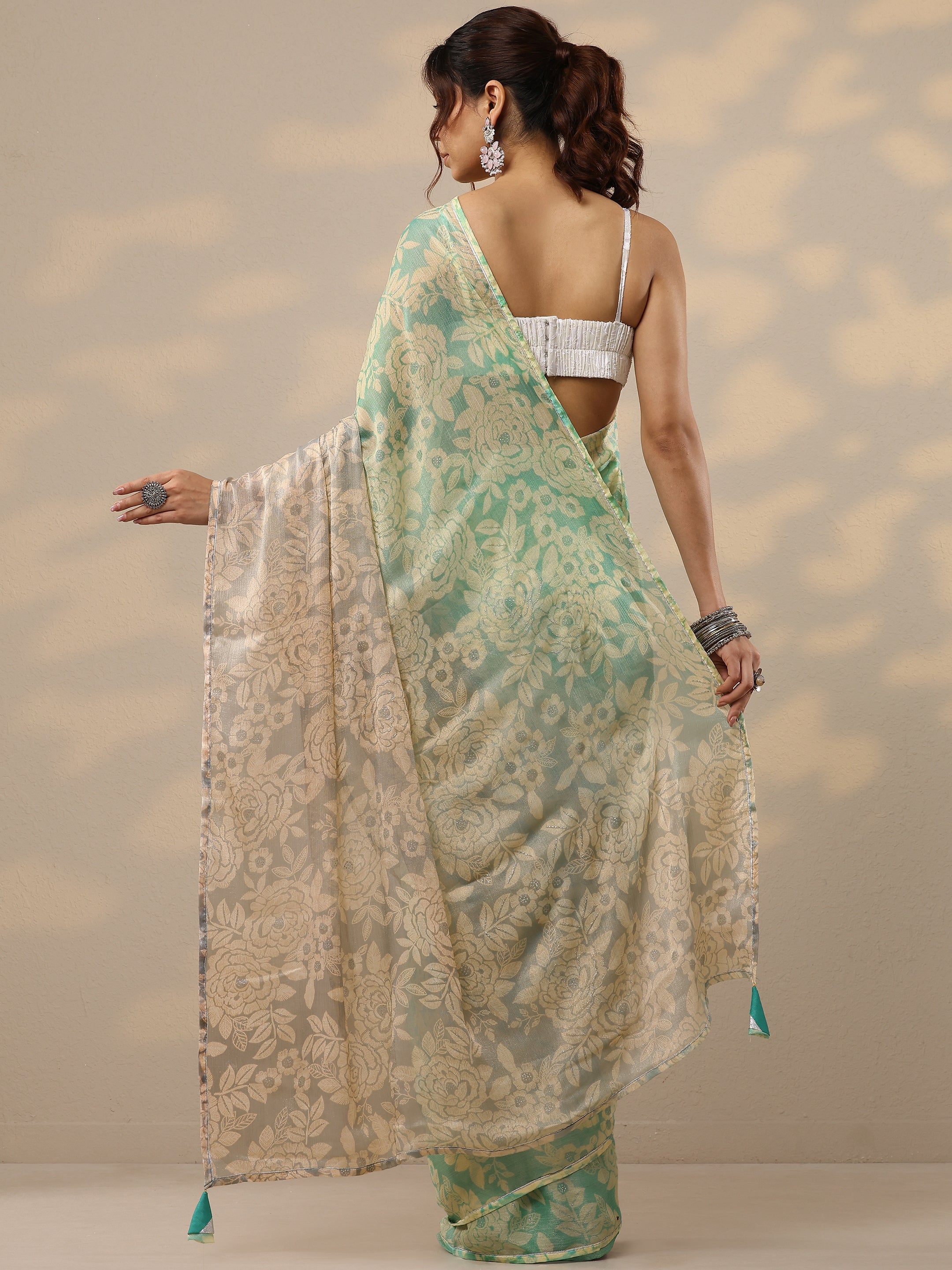 Green Printed Silk Blend Sarees With Unstitched Blouse Piece