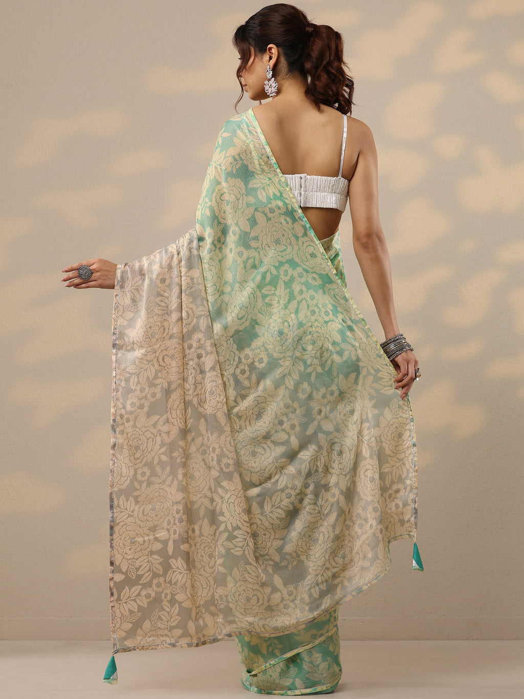 Green Printed Silk Blend Sarees With Unstitched Blouse Piece