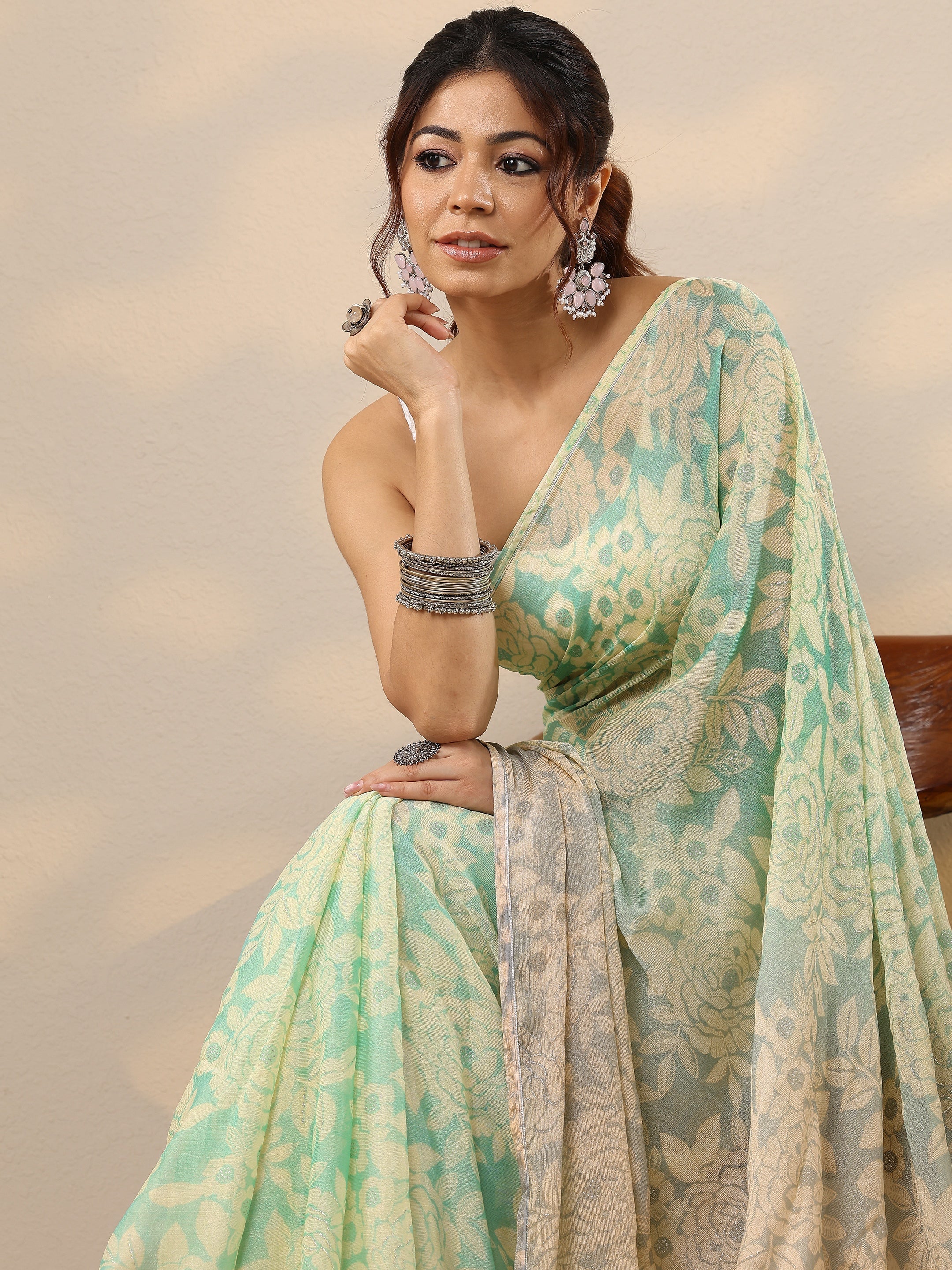 Green Printed Silk Blend Sarees With Unstitched Blouse Piece