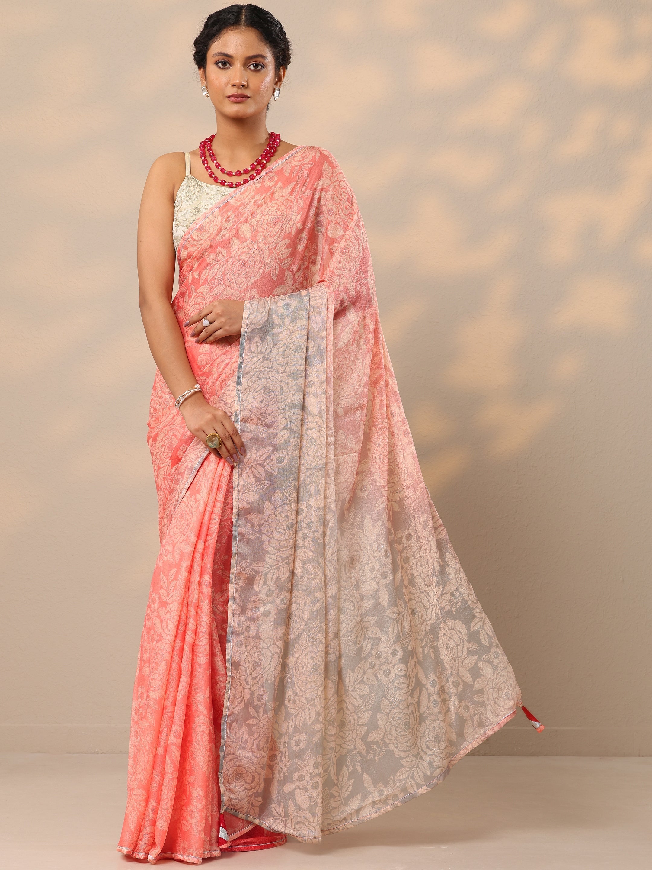 Peach Printed Chinon Saree With Unstitched Blouse Piece