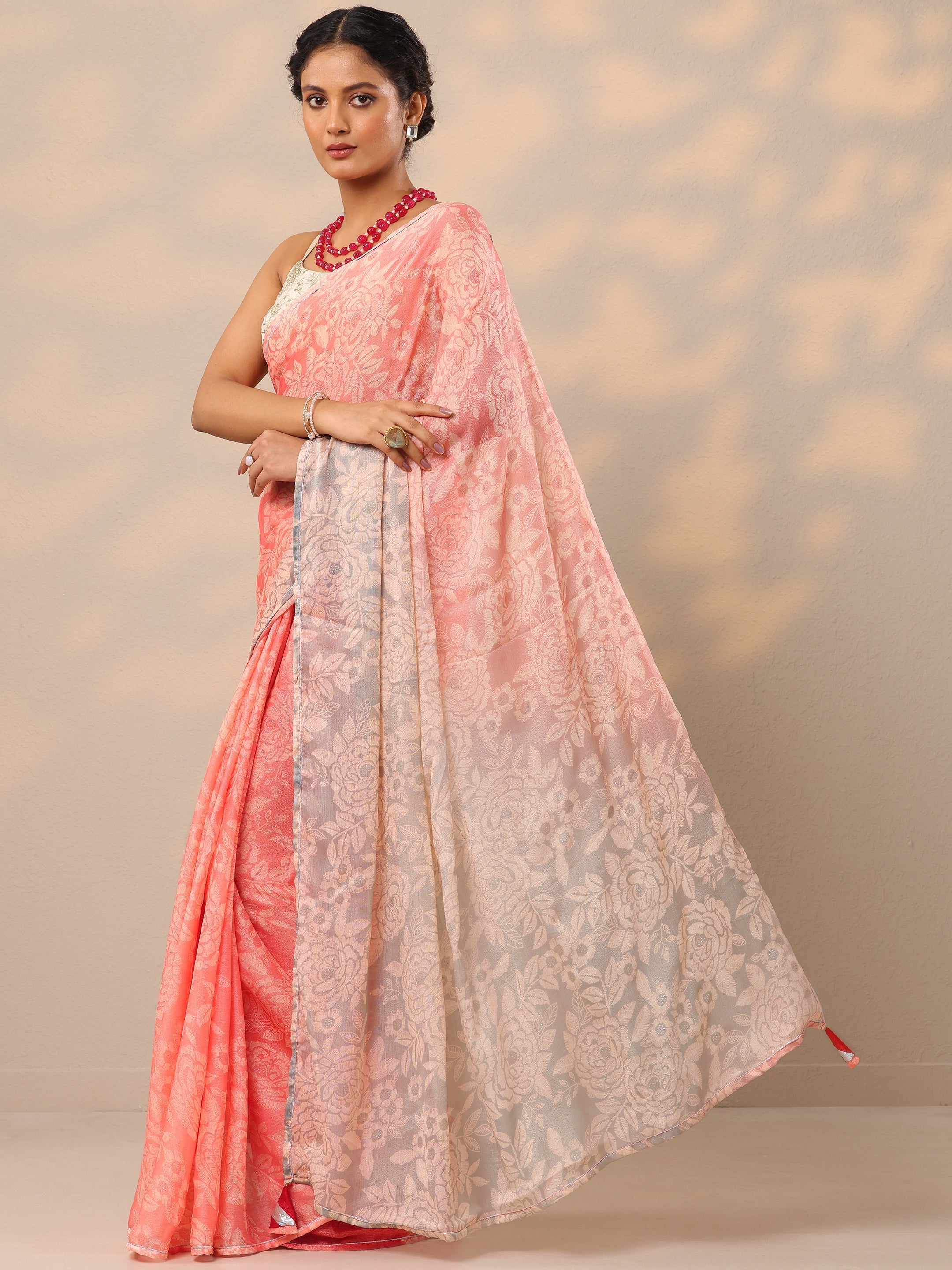 Peach Printed Chinon Saree With Unstitched Blouse Piece