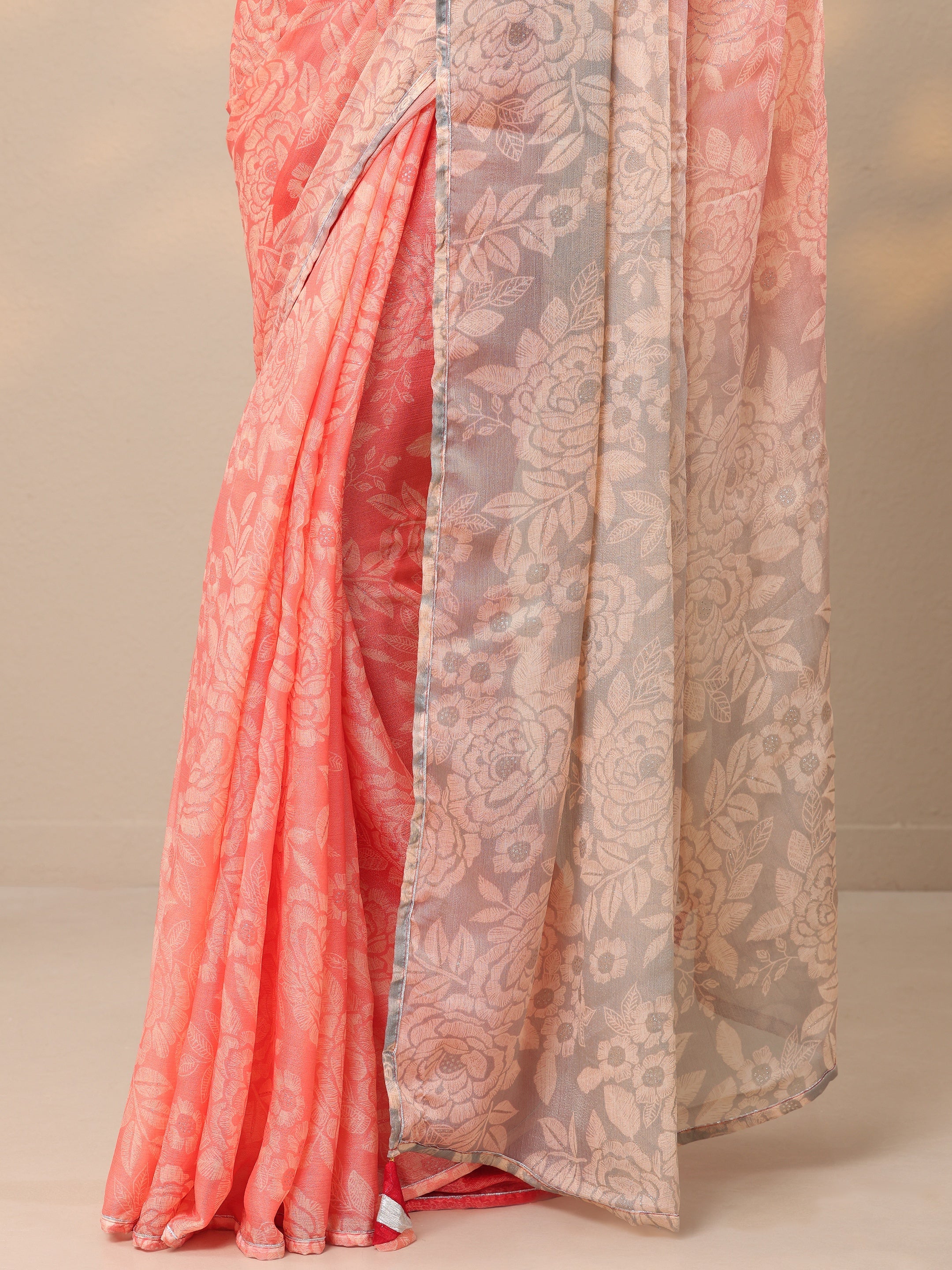 Peach Printed Chinon Saree With Unstitched Blouse Piece