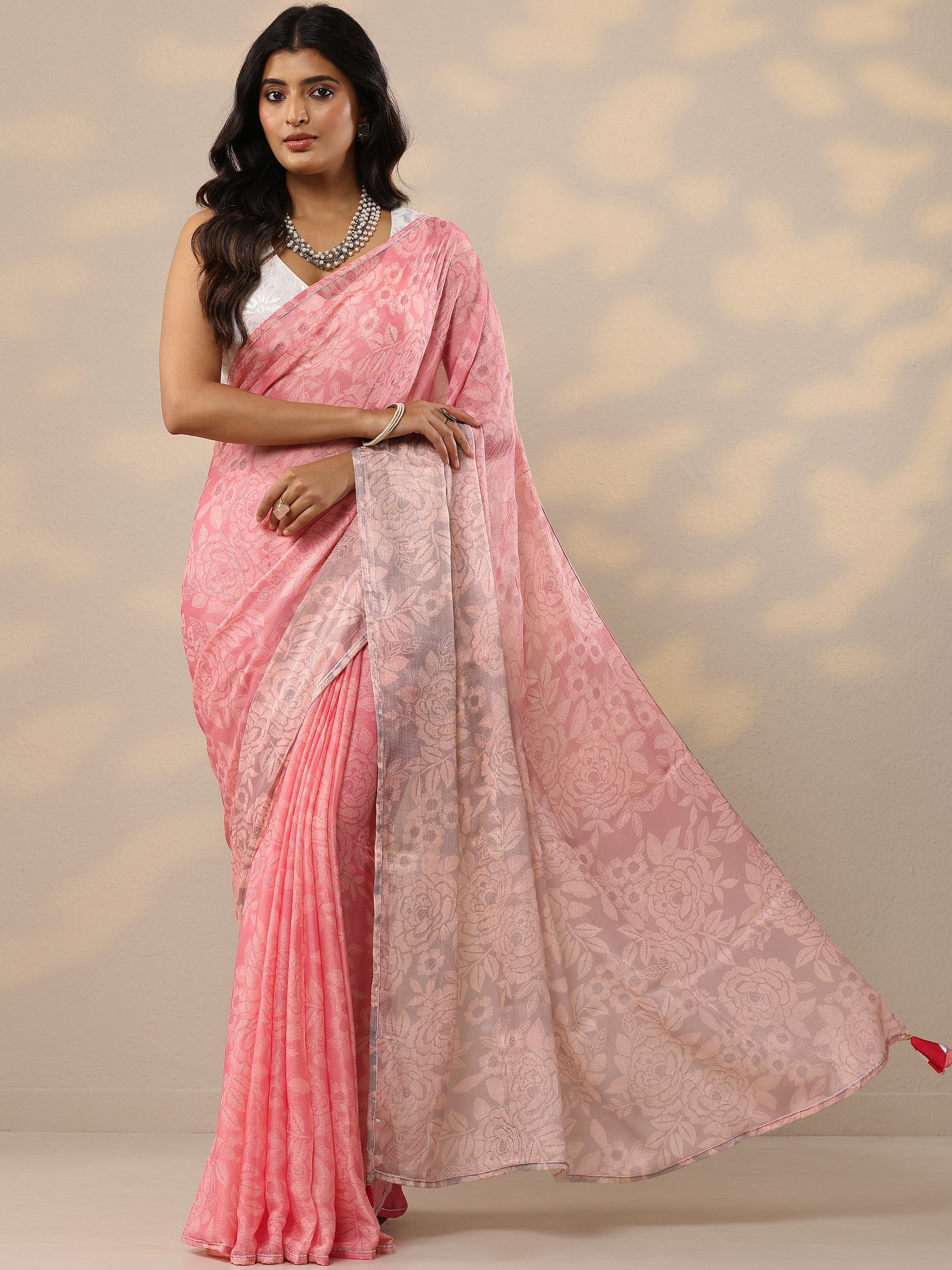 Pink Printed Silk Blend Sarees With Unstitched Blouse Piece