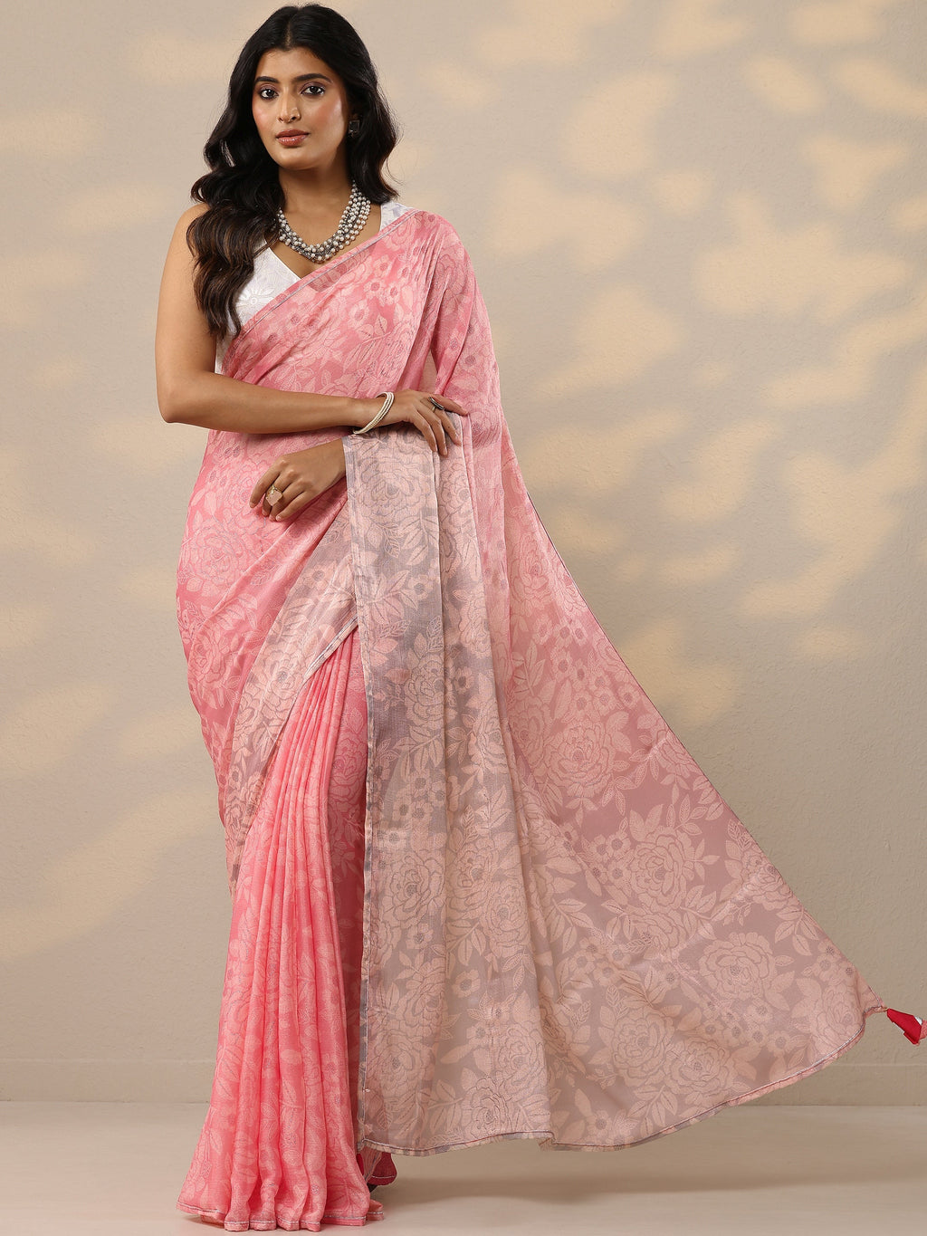 Pink Printed Silk Blend Sarees With Unstitched Blouse Piece
