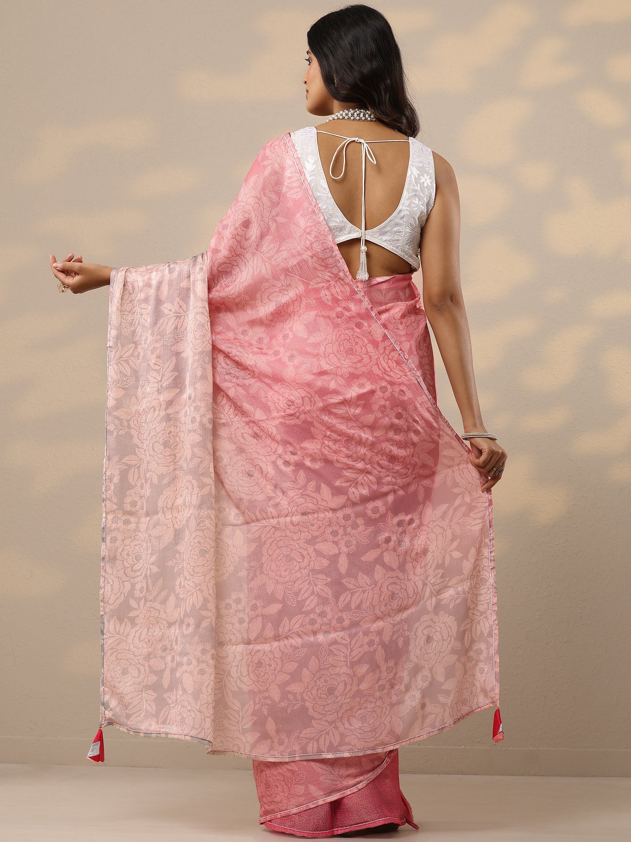 Pink Printed Silk Blend Sarees With Unstitched Blouse Piece