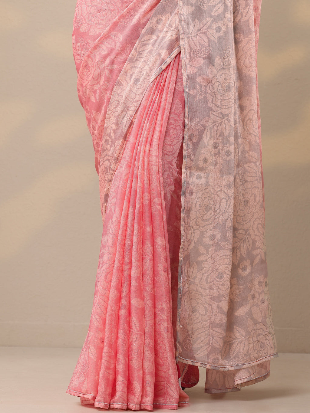 Pink Printed Silk Blend Sarees With Unstitched Blouse Piece