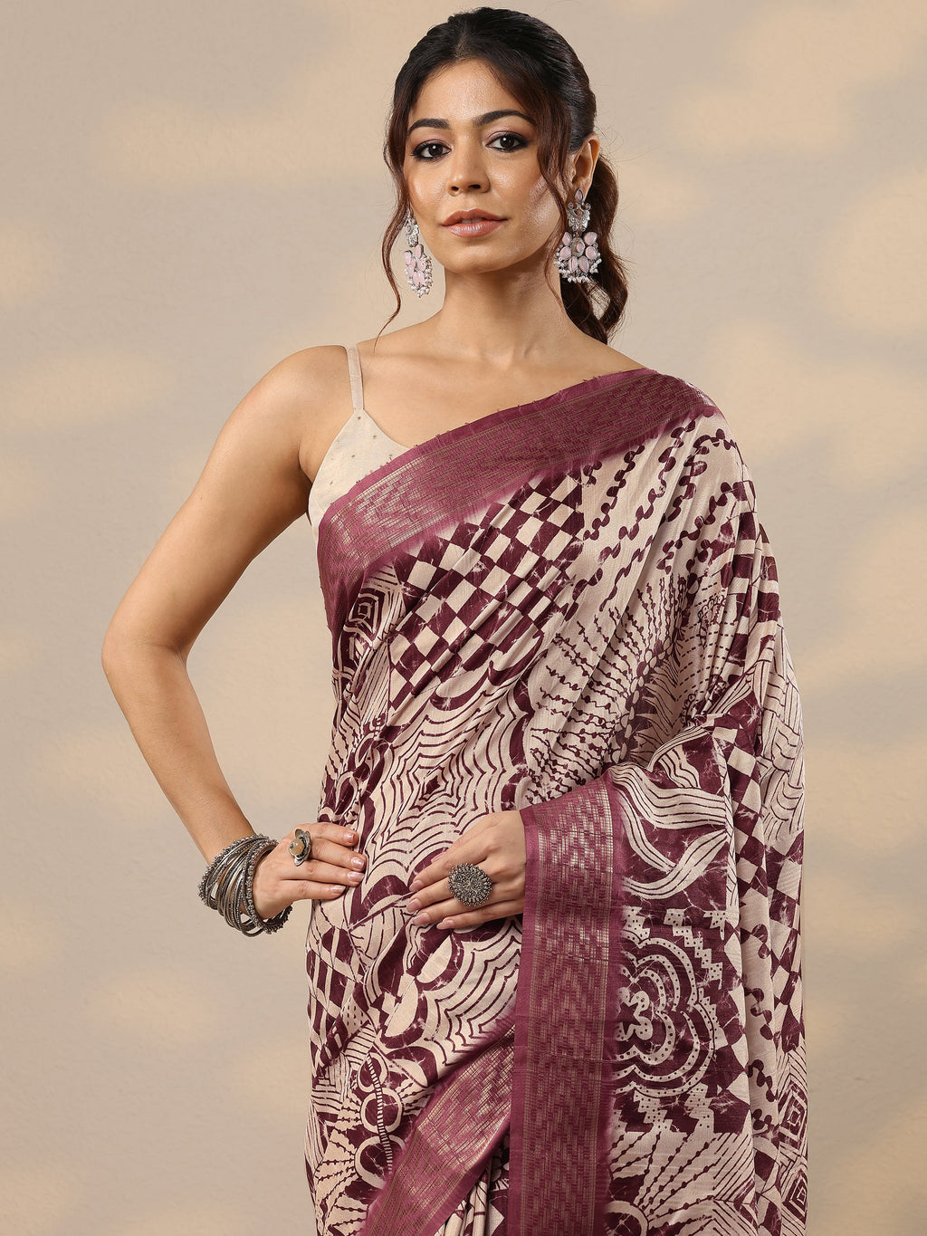 Beige Printed Silk Blend Sarees With Unstitched Blouse Piece