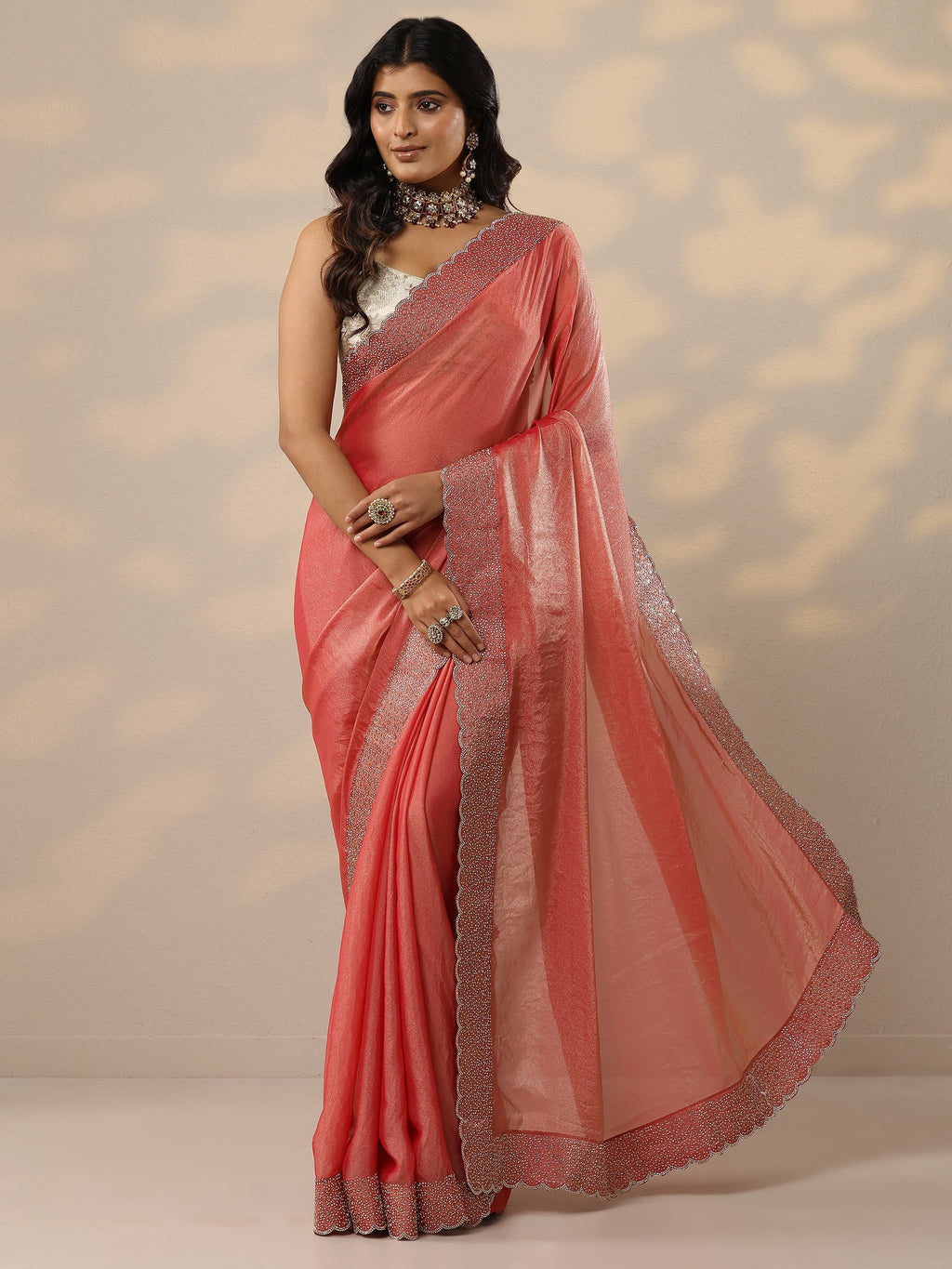 Coral Embellished Organza Sarees With Unstitched Blouse Piece