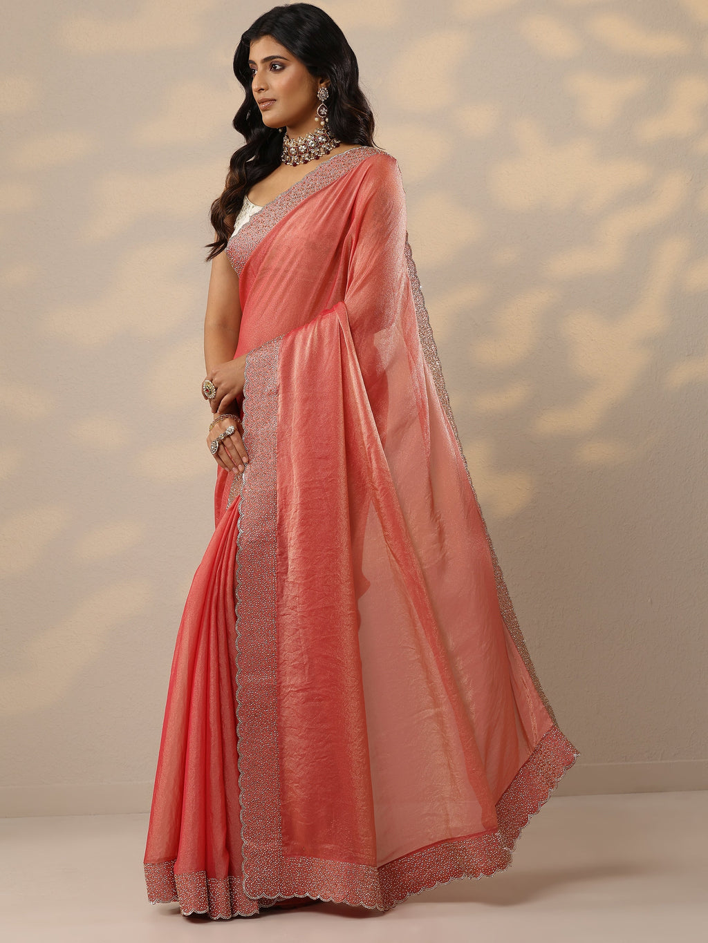 Coral Embellished Organza Sarees With Unstitched Blouse Piece