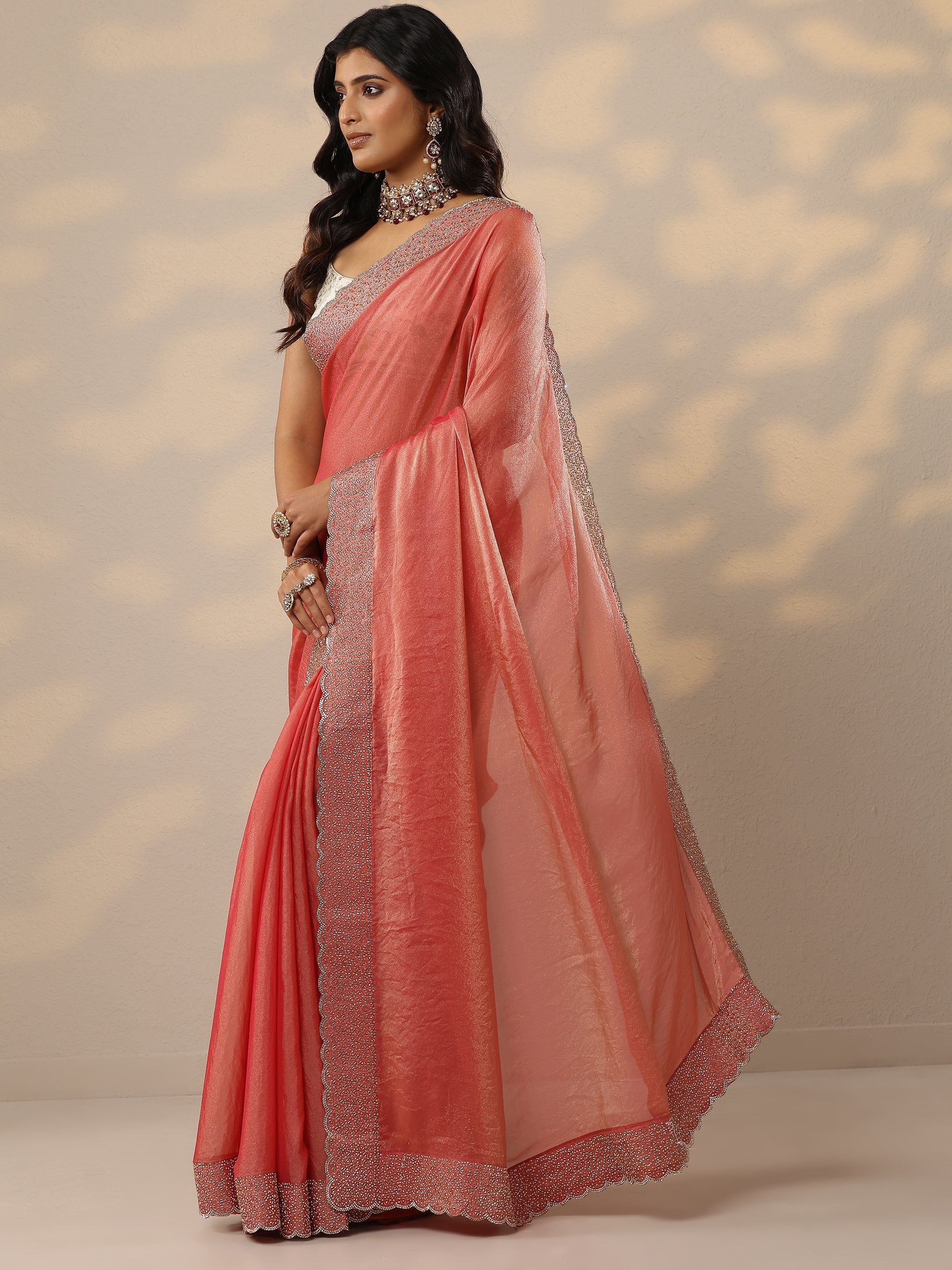 Coral Embellished Organza Sarees With Unstitched Blouse Piece