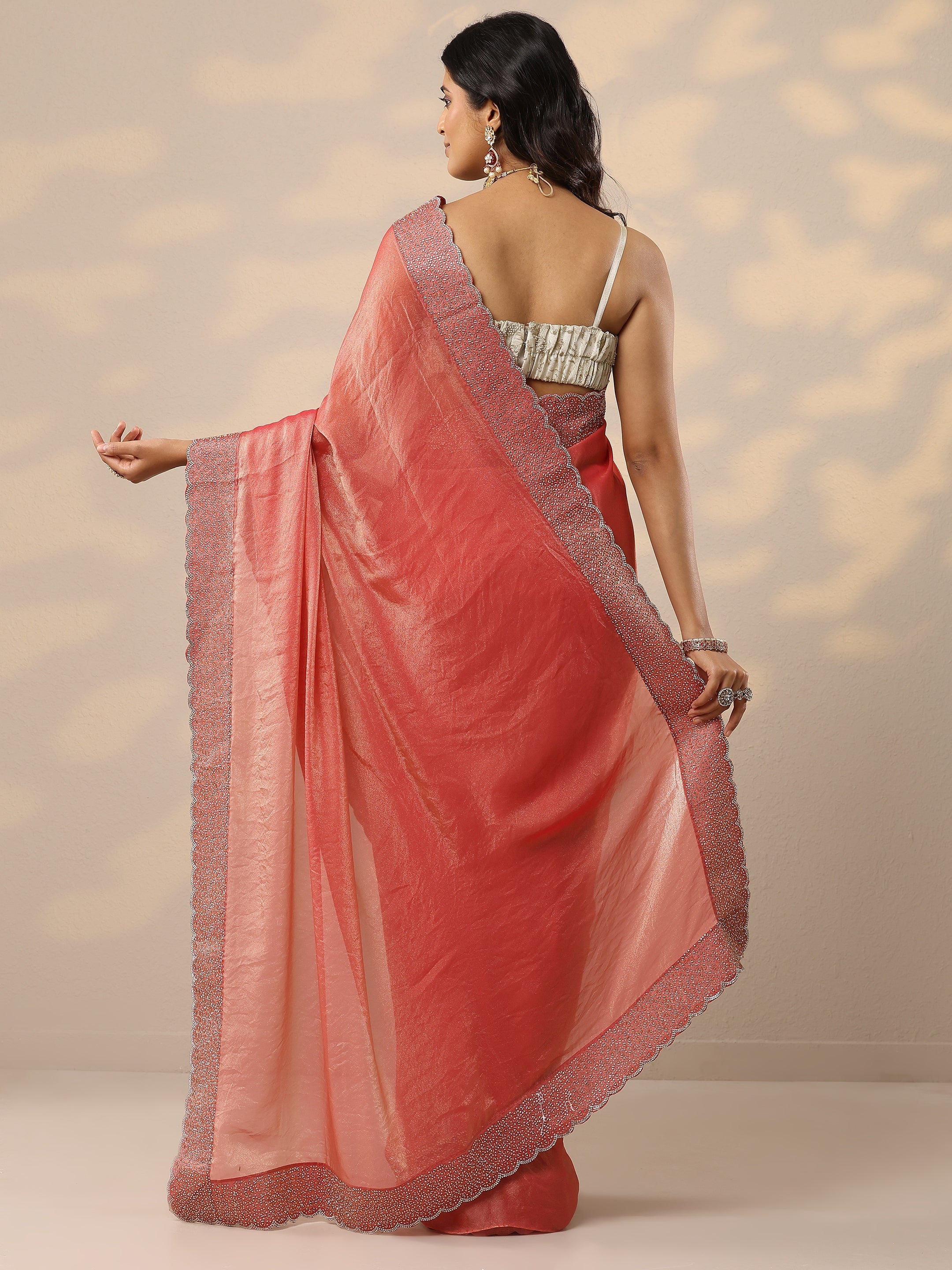 Coral Embellished Organza Sarees With Unstitched Blouse Piece