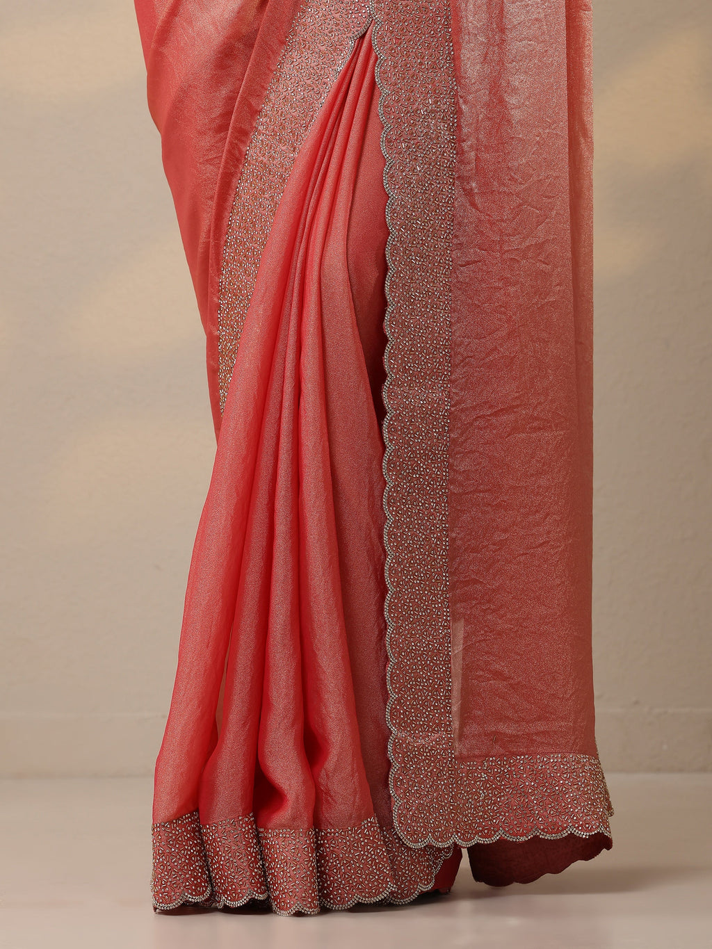 Coral Embellished Organza Sarees With Unstitched Blouse Piece